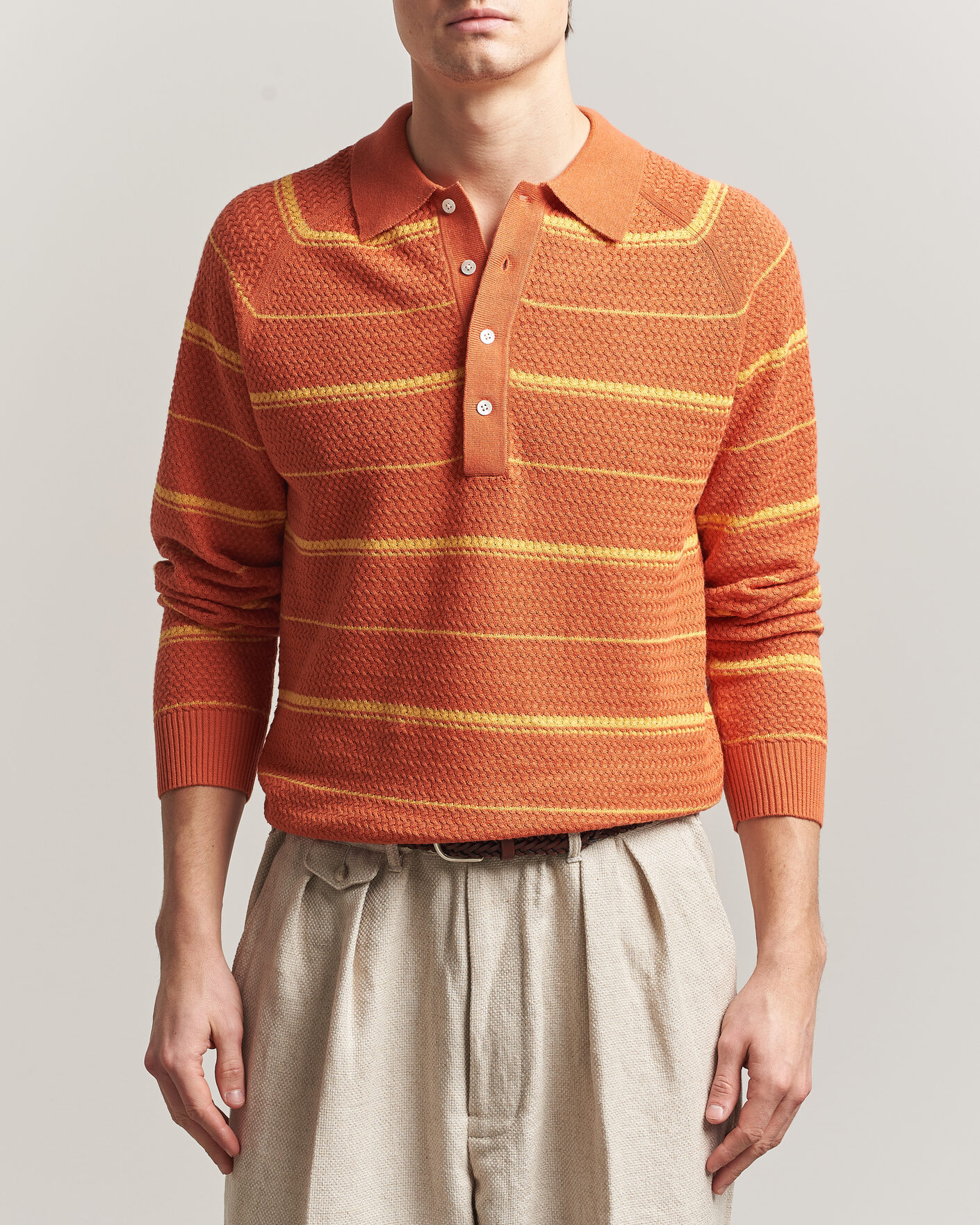 Homme | Polos | BEAMS PLUS | Long Sleeve Knit Polo Orange Stripe