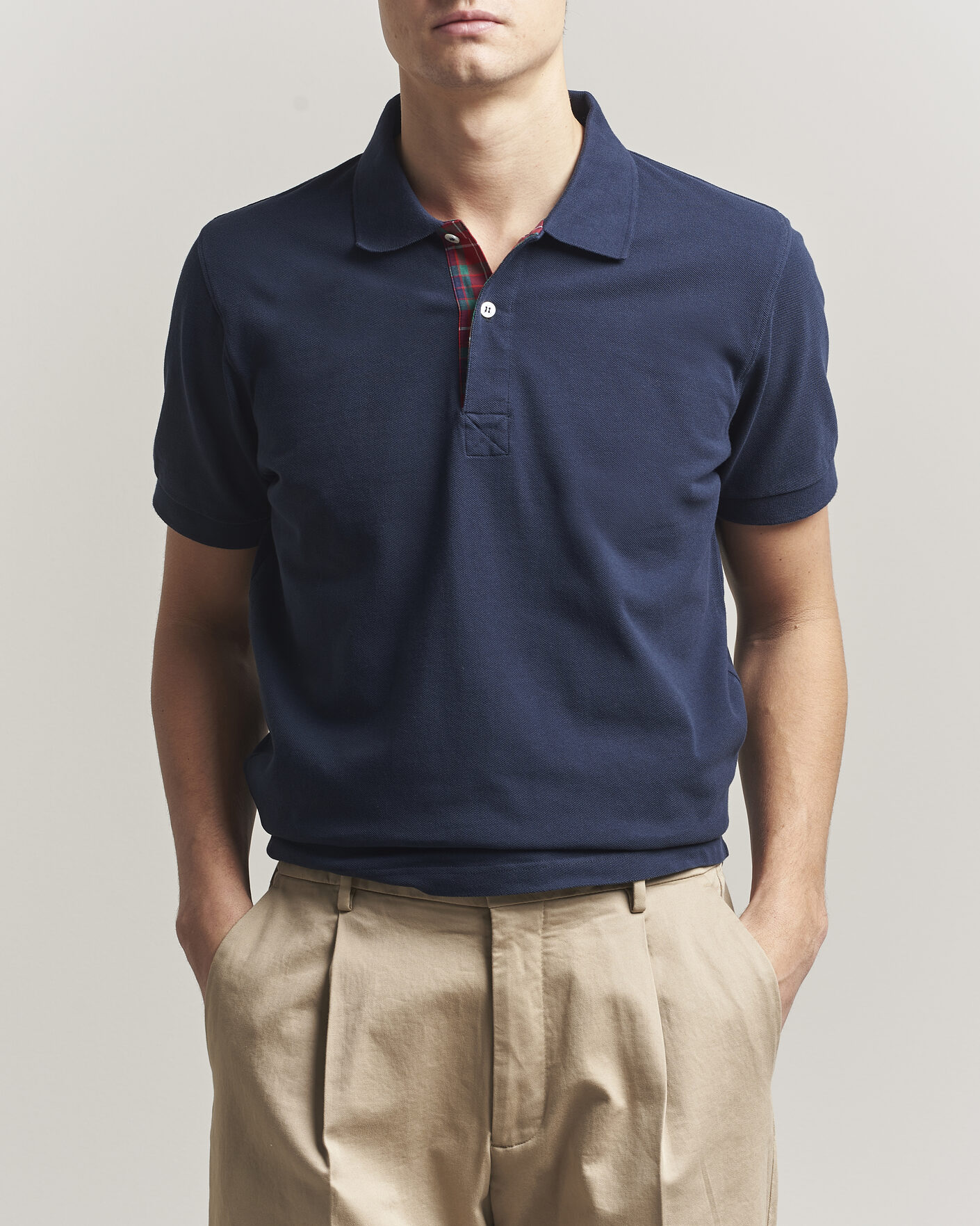Homme | Polos | Baracuta | Tartan Placket Piquet Polo Navy