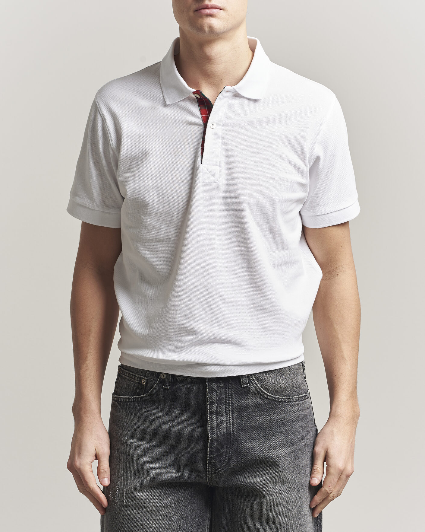Homme | Polos | Baracuta | Tartan Placket Piquet Polo Bone White
