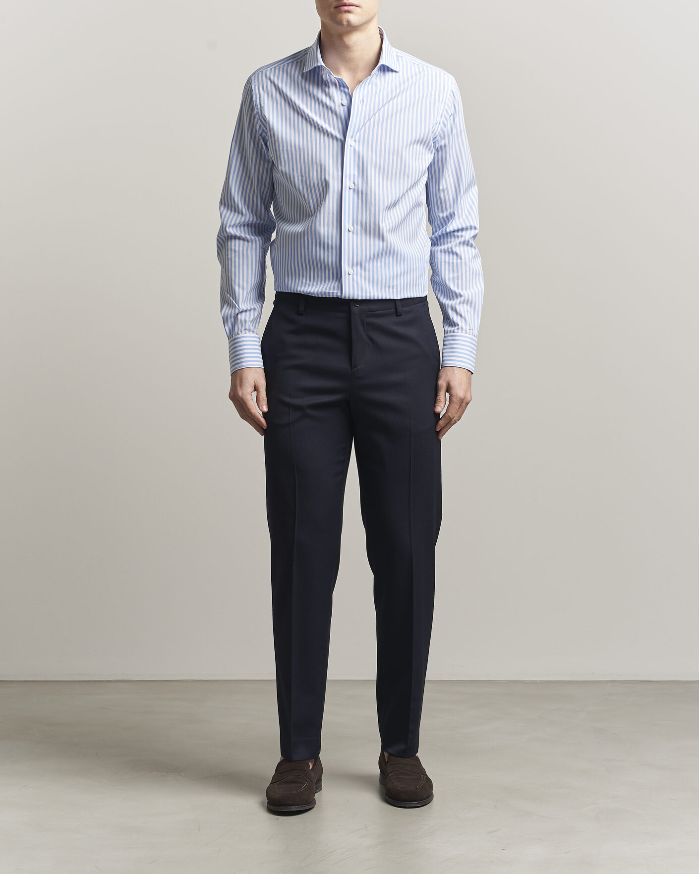 Homme | Chemises | Grigio | Cotton Poplin Dress Shirt Light Blue Stripe