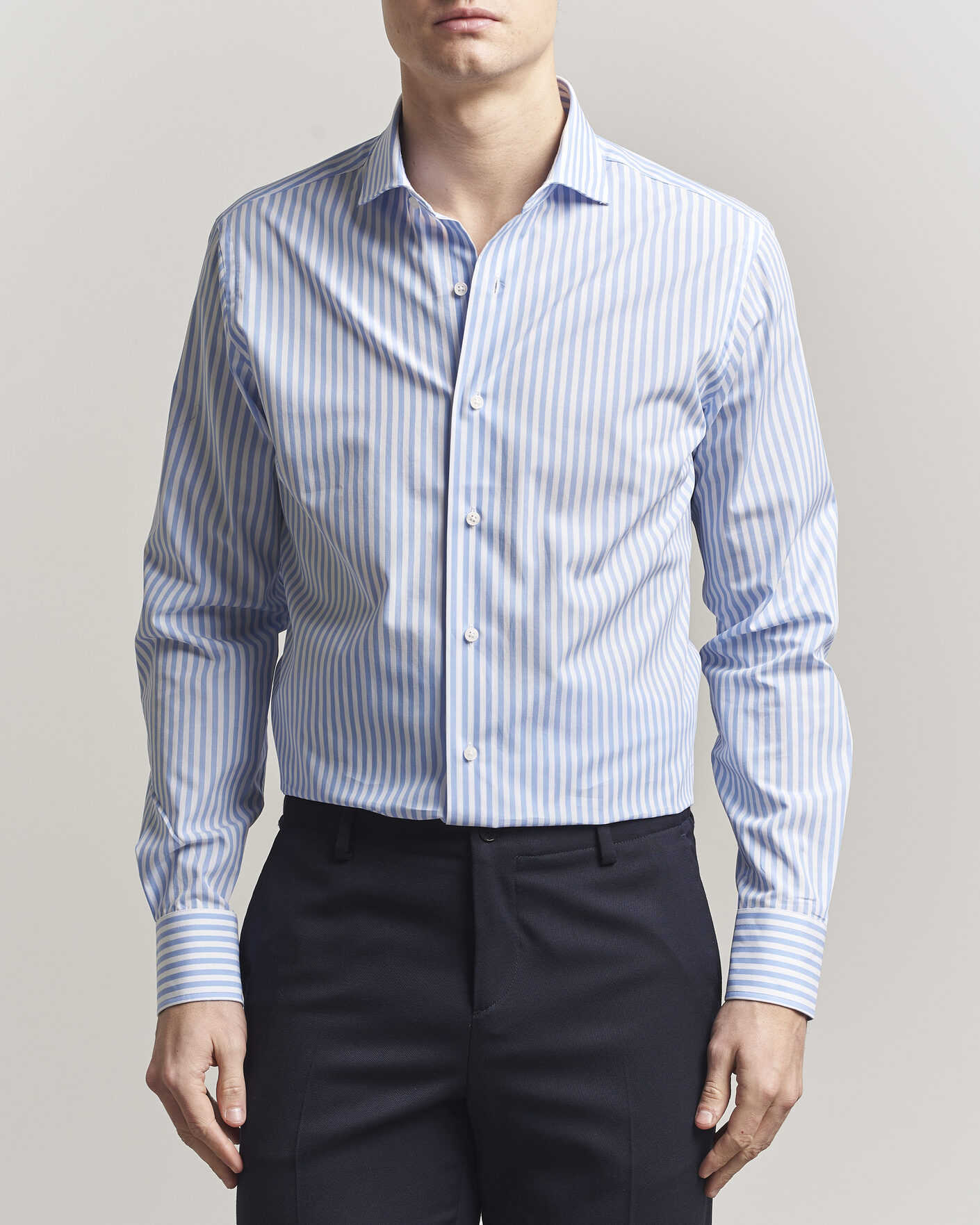 Homme | Chemises | Grigio | Cotton Poplin Dress Shirt Light Blue Stripe