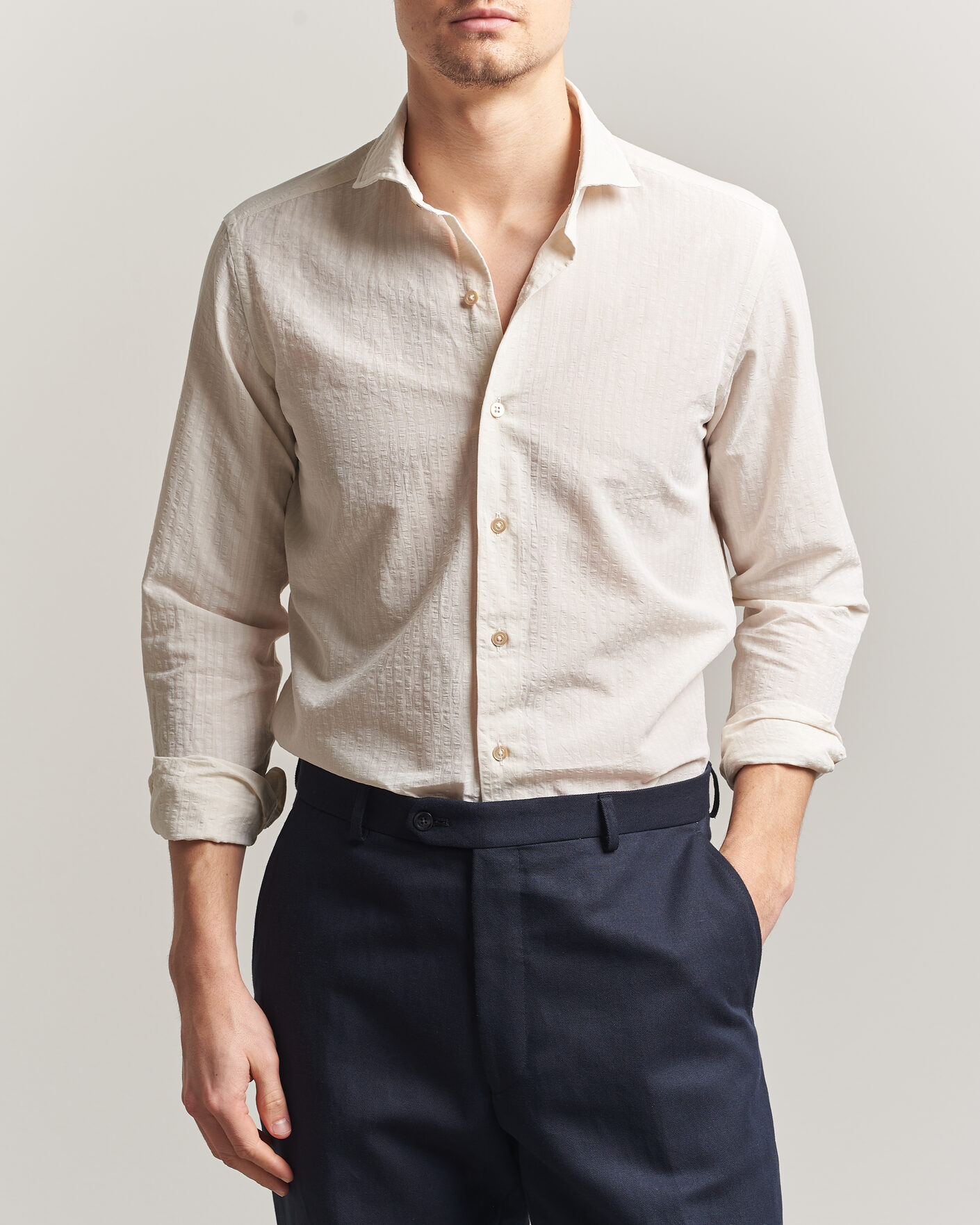 Homme | Chemises | Grigio | Cotton/Linen Seersucker Shirt Off White