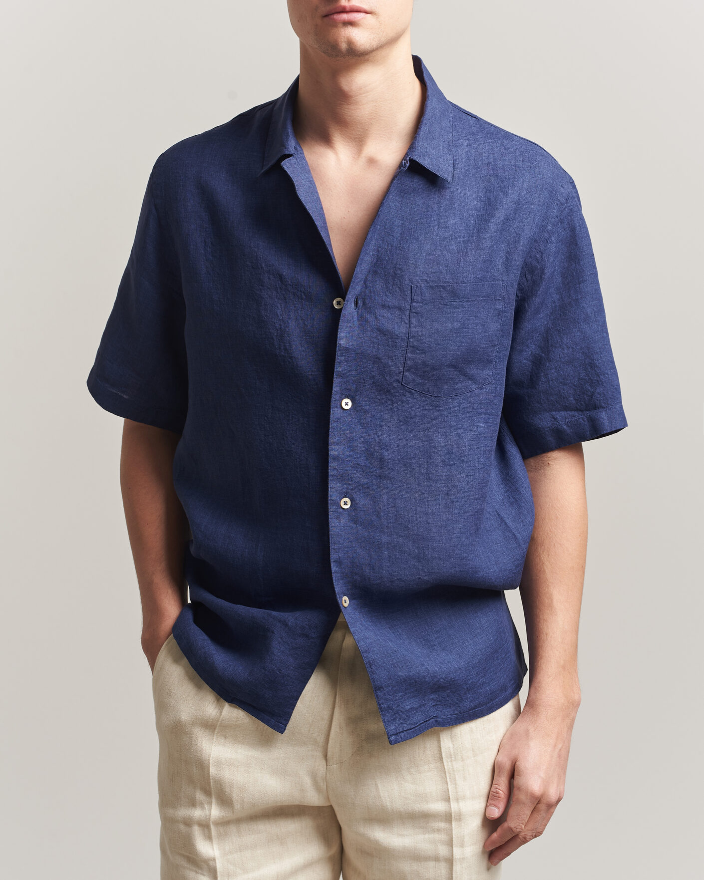 Homme | Chemises | Grigio | Linen Camp Collar Shirt Navy