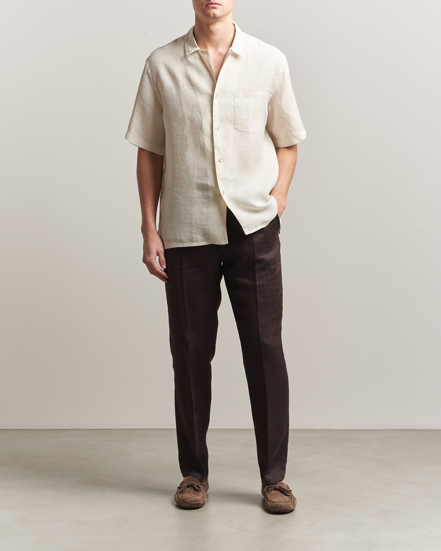 Homme | Chemises | Grigio | Linen Camp Collar Shirt White