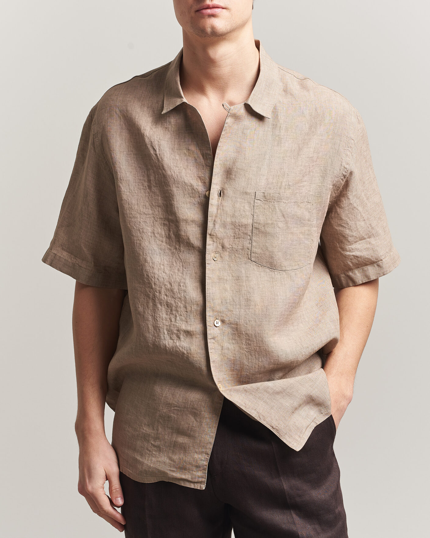 Homme | Chemises | Grigio | Linen Camp Collar Shirt Brown