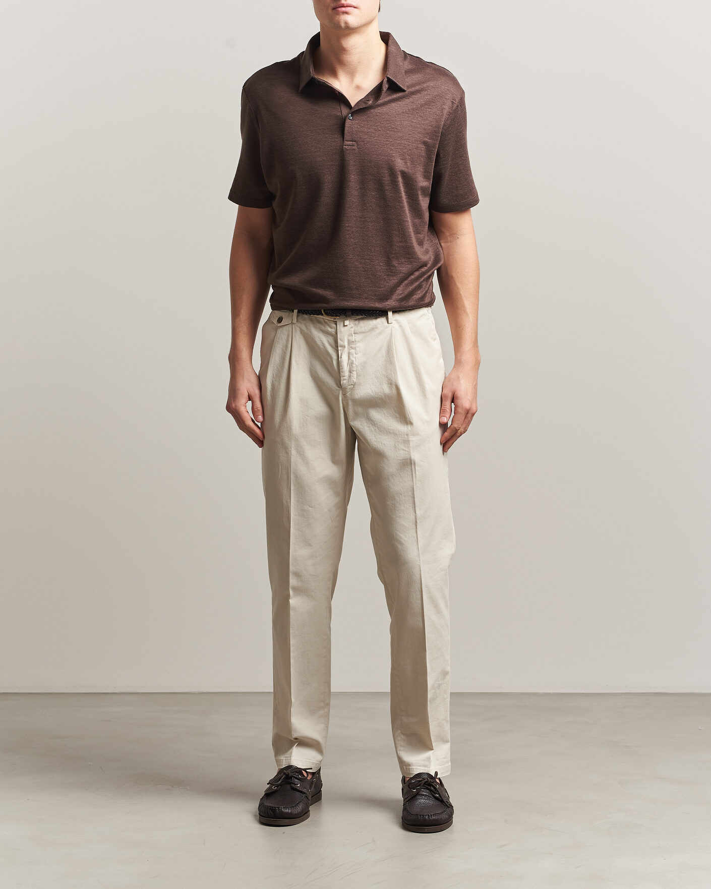 Homme | Polos | Charles Tyrwhitt | Short Sleeve Linen Polo Chocolate Brown