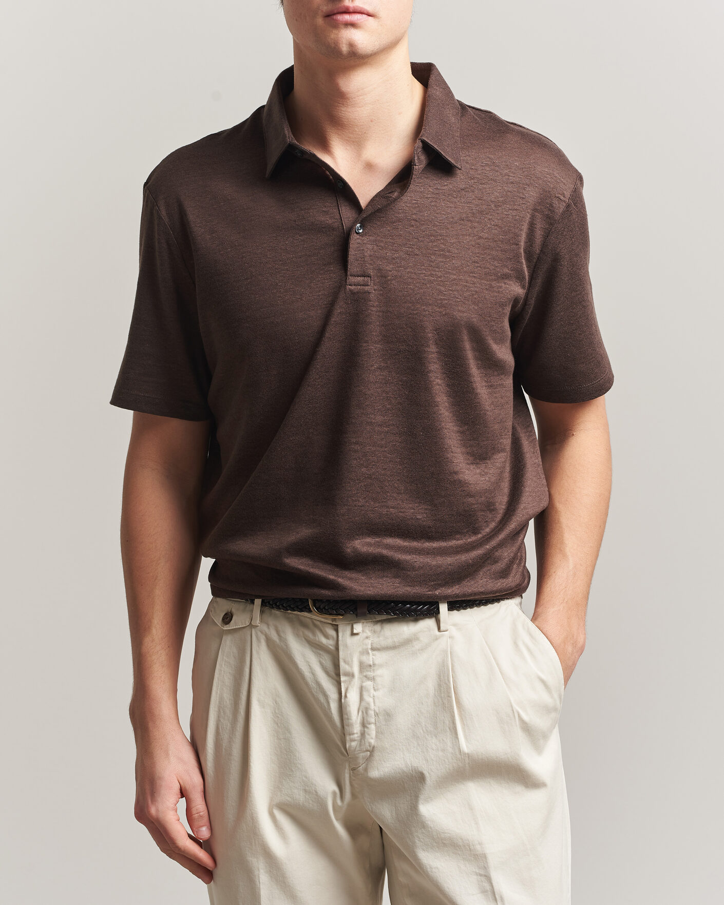 Homme | Polos | Charles Tyrwhitt | Short Sleeve Linen Polo Chocolate Brown