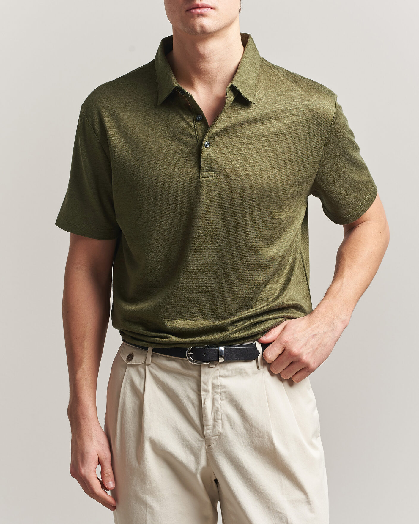 Homme | Polos | Charles Tyrwhitt | Short Sleeve Linen Polo Olive