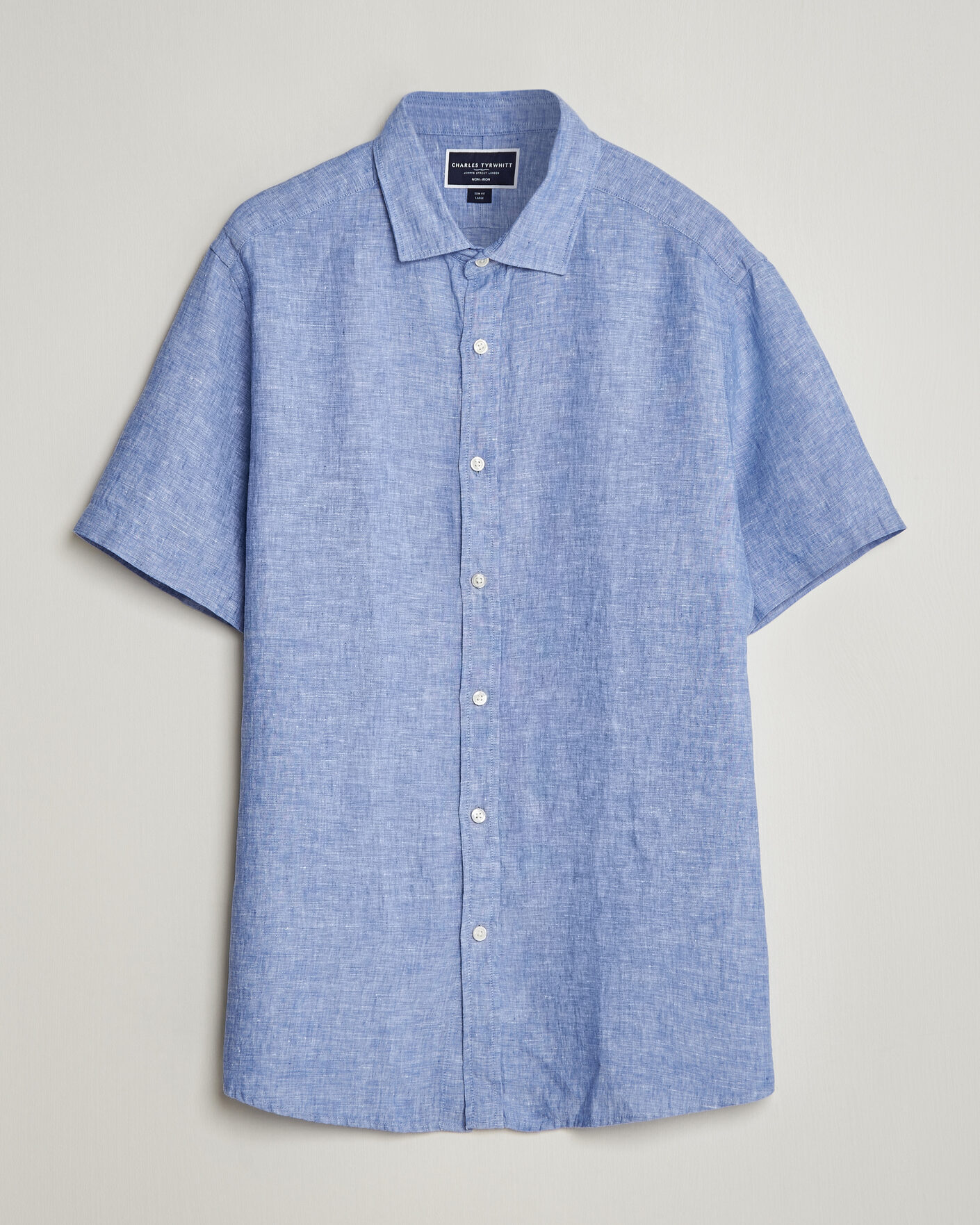 Homme | Chemises | Charles Tyrwhitt | Pure Linen Short Sleeve Slim Fit Shirt Cornflower Blue