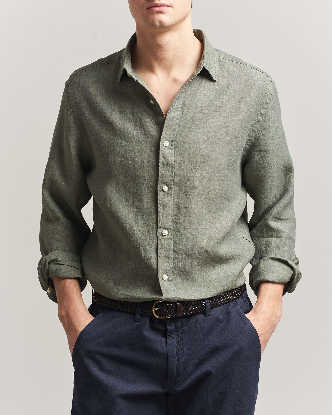 Homme | Chemises | Charles Tyrwhitt | Pure Linen Slim Fit Shirt Olive Green
