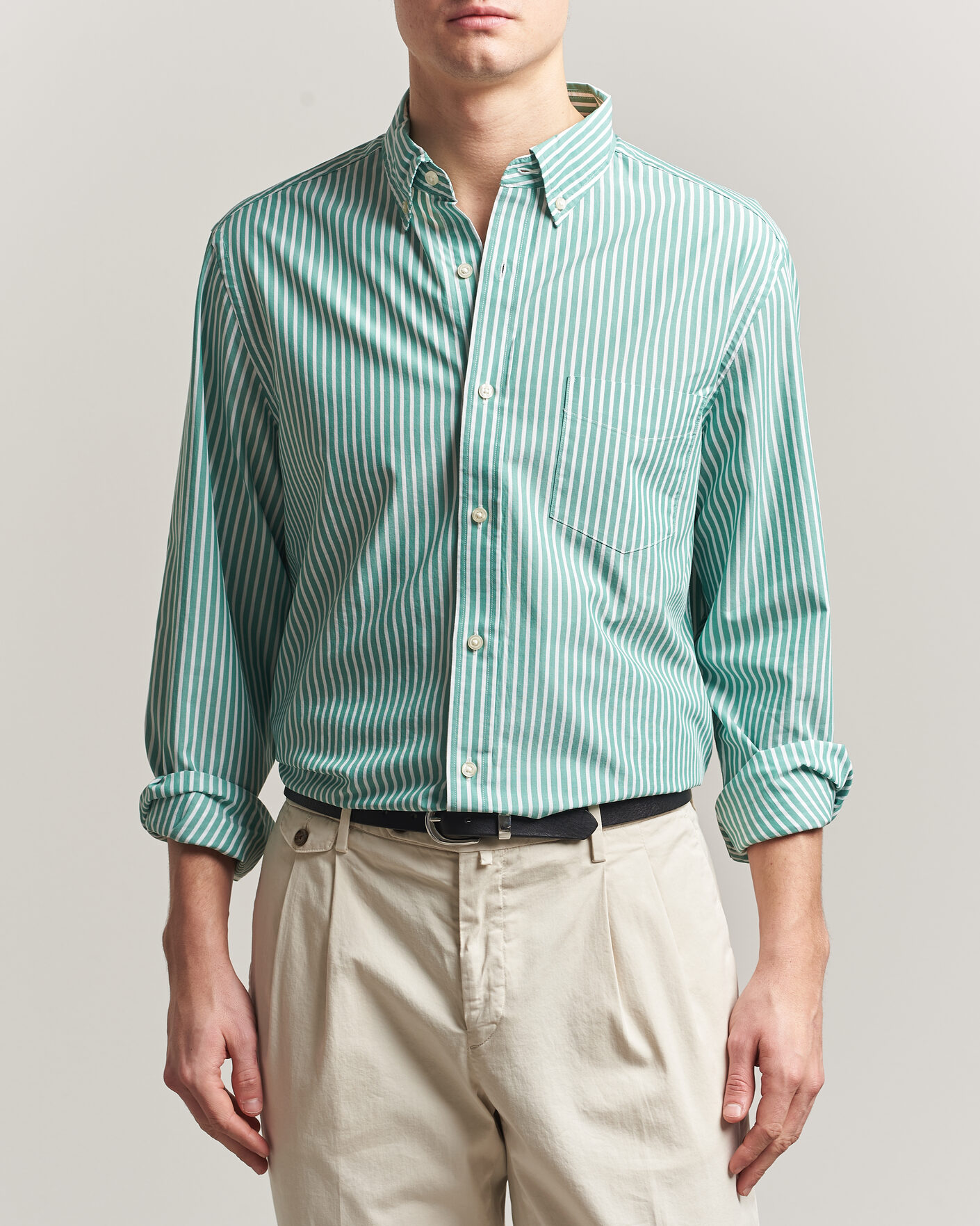 Homme | Chemises | Charles Tyrwhitt | Button Down Stretch Poplin Shirt Green Stripe