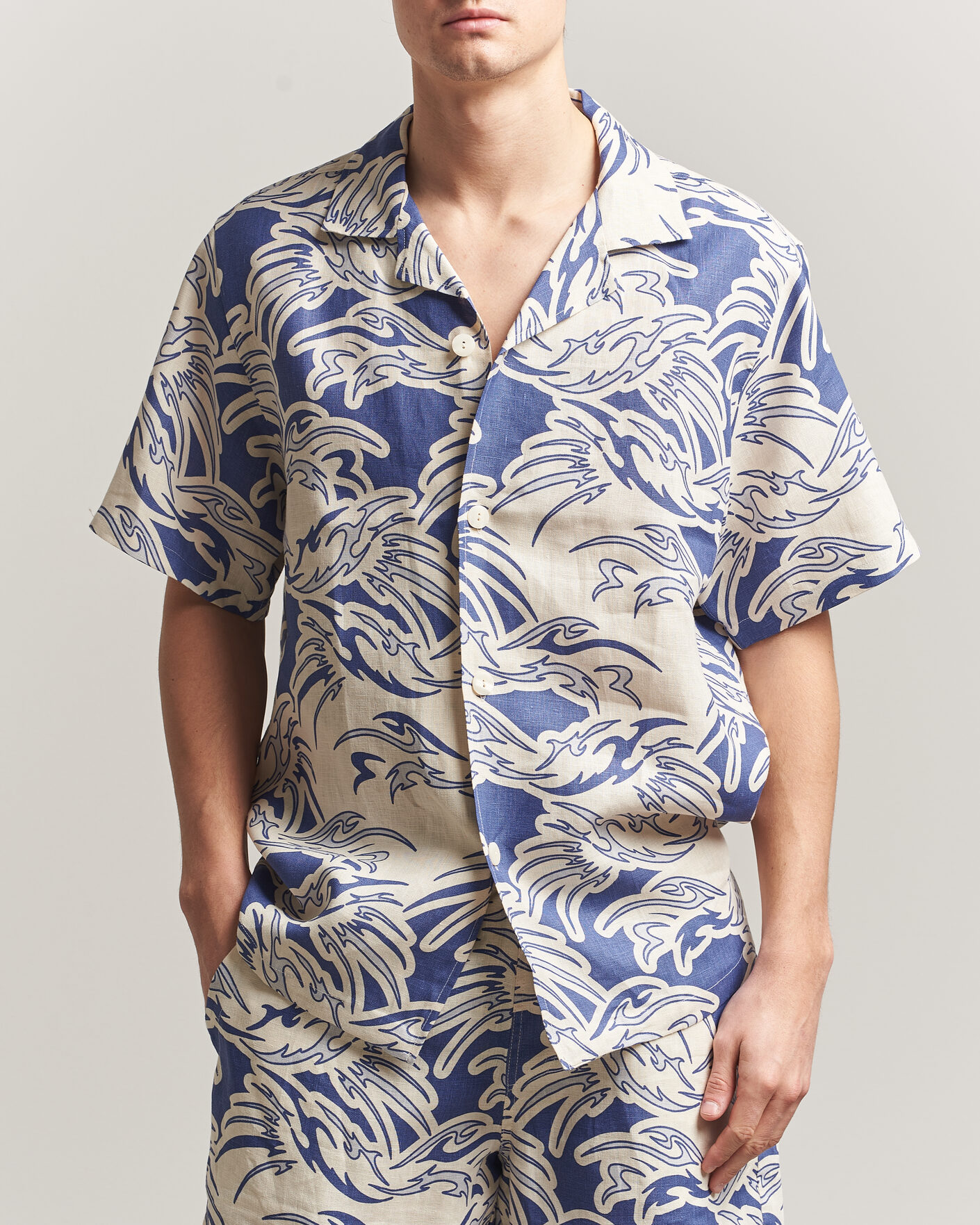 Homme | Chemises | OAS | Cuba Short Sleeve Printed Linen Shirt Rouge Blue