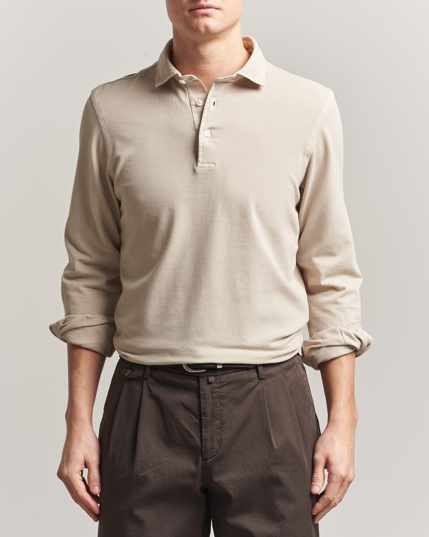 Homme | Polos | Gran Sasso | Washed Long Sleeve Polo Beige Melange