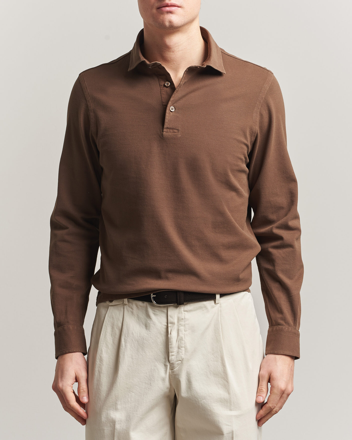 Homme | Polos | Gran Sasso | Washed Long Sleeve Polo Brown
