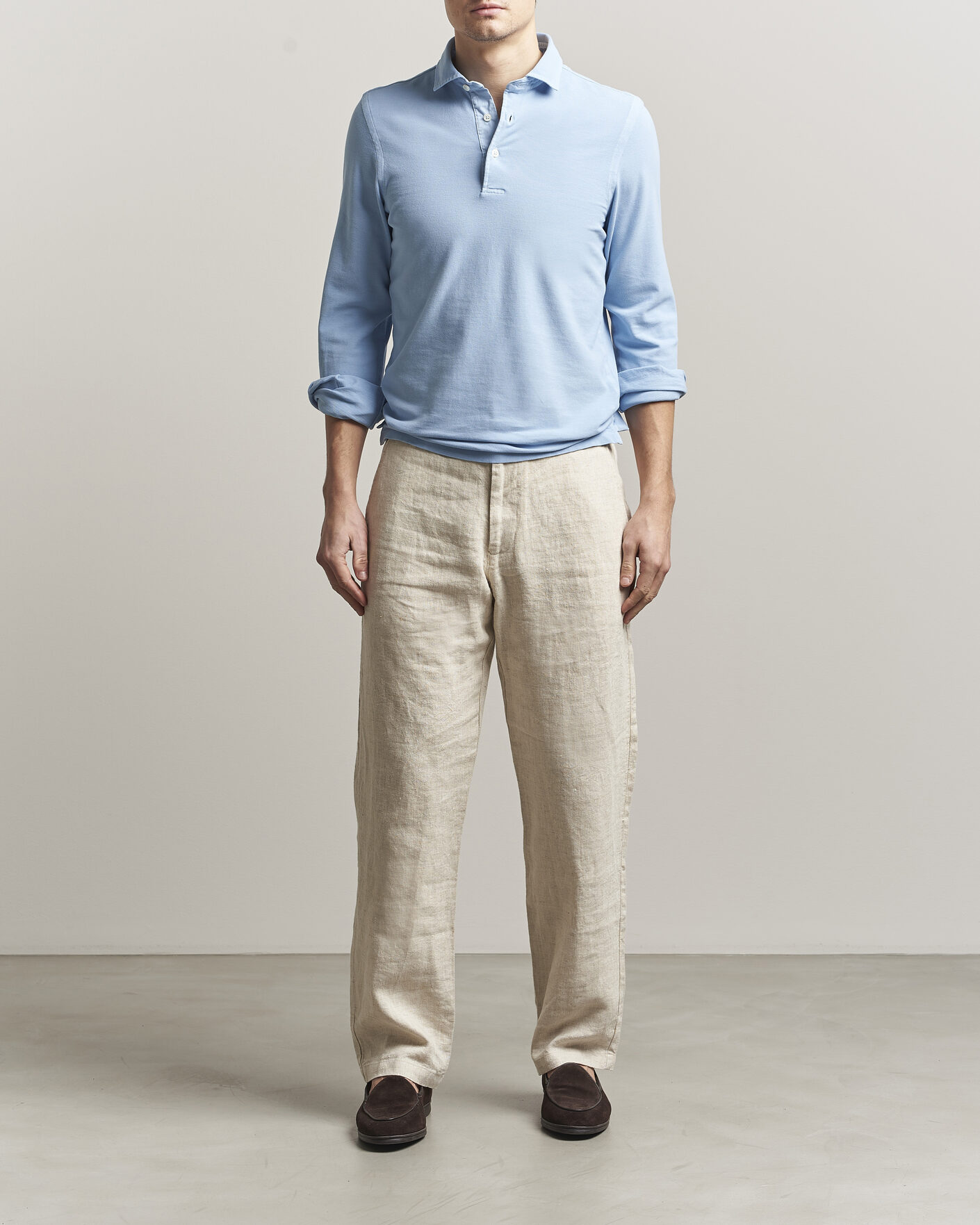 Homme | Polos | Gran Sasso | Washed Long Sleeve Polo Light Blue