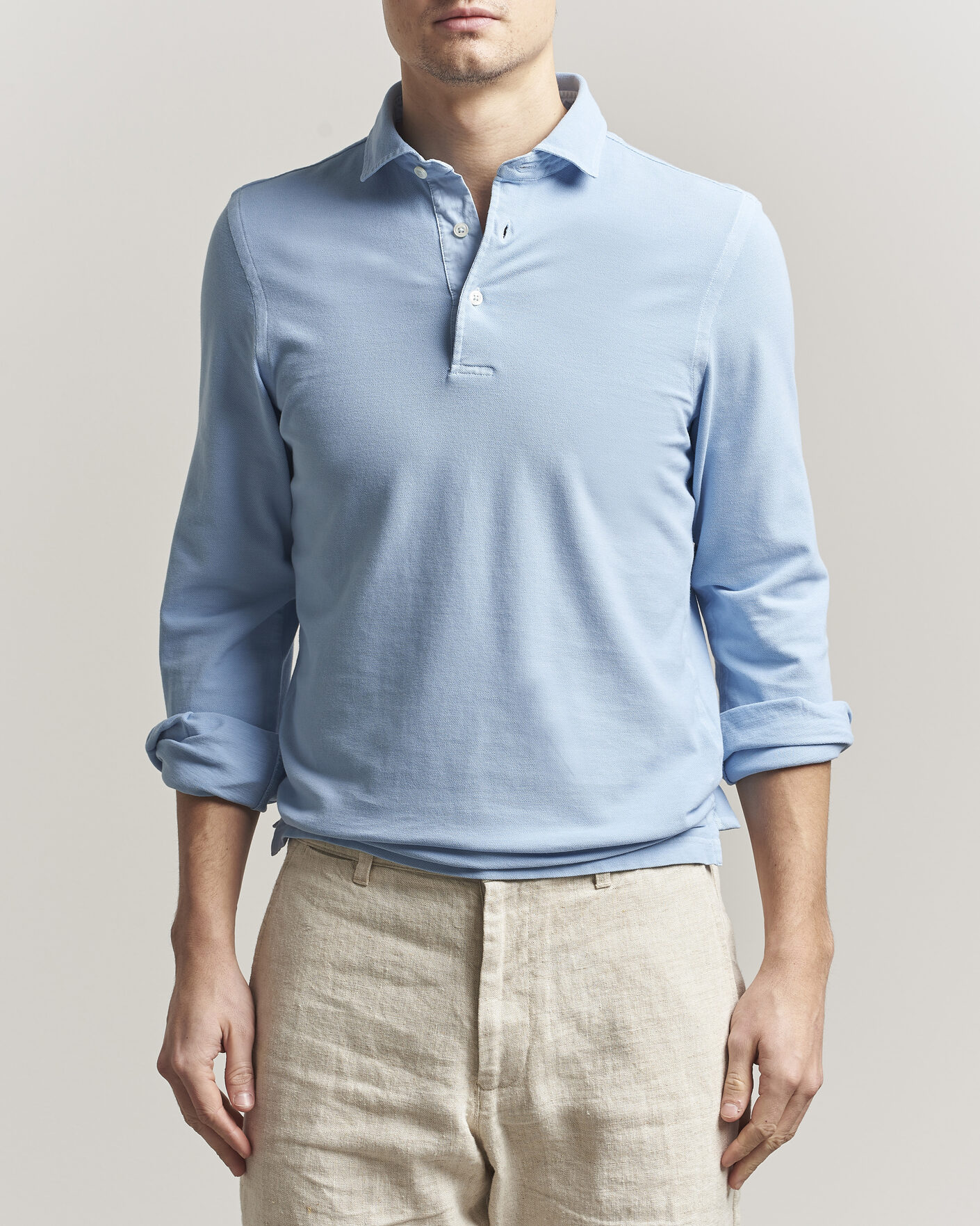 Homme | Polos | Gran Sasso | Washed Long Sleeve Polo Light Blue