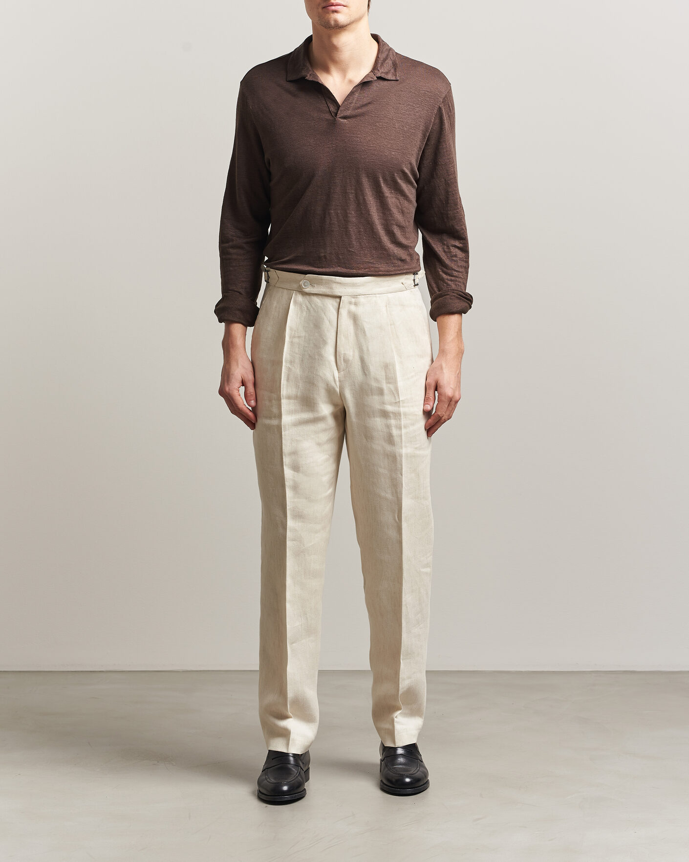 Homme | Polos | Gran Sasso | Washed Linen Long Sleeve Polo Brown Melange