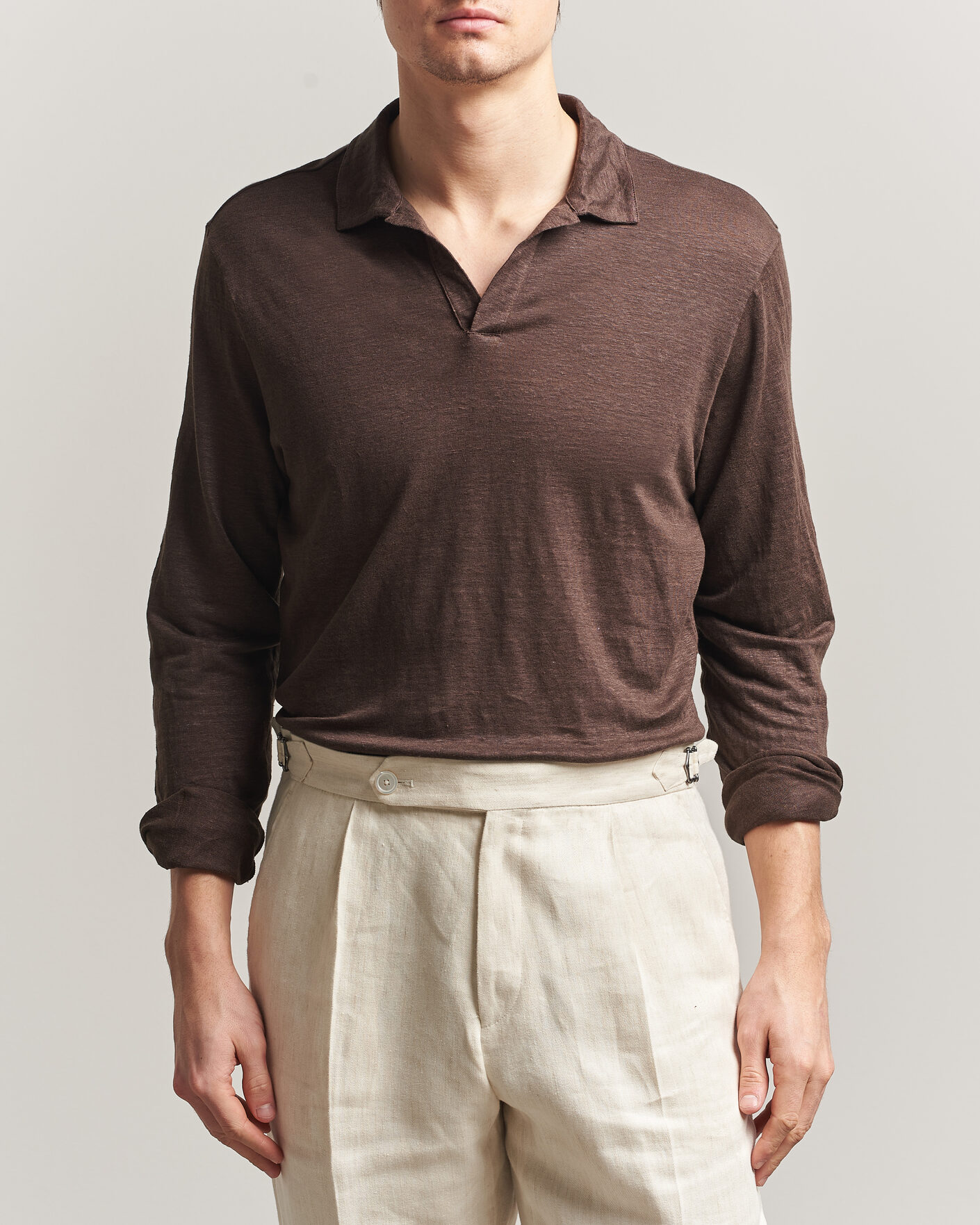 Homme | Polos | Gran Sasso | Washed Linen Long Sleeve Polo Brown Melange
