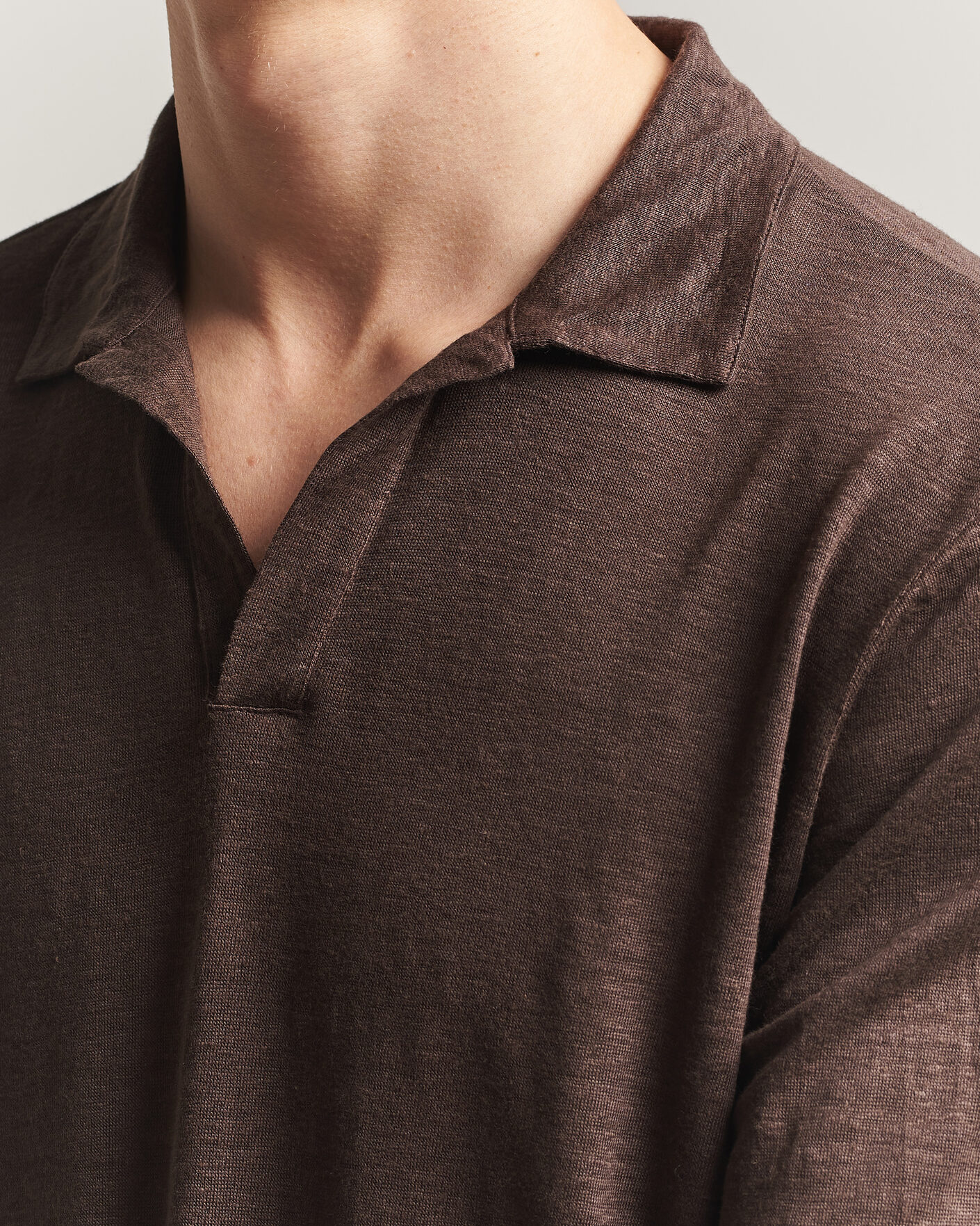 Homme | Polos | Gran Sasso | Washed Linen Long Sleeve Polo Brown Melange