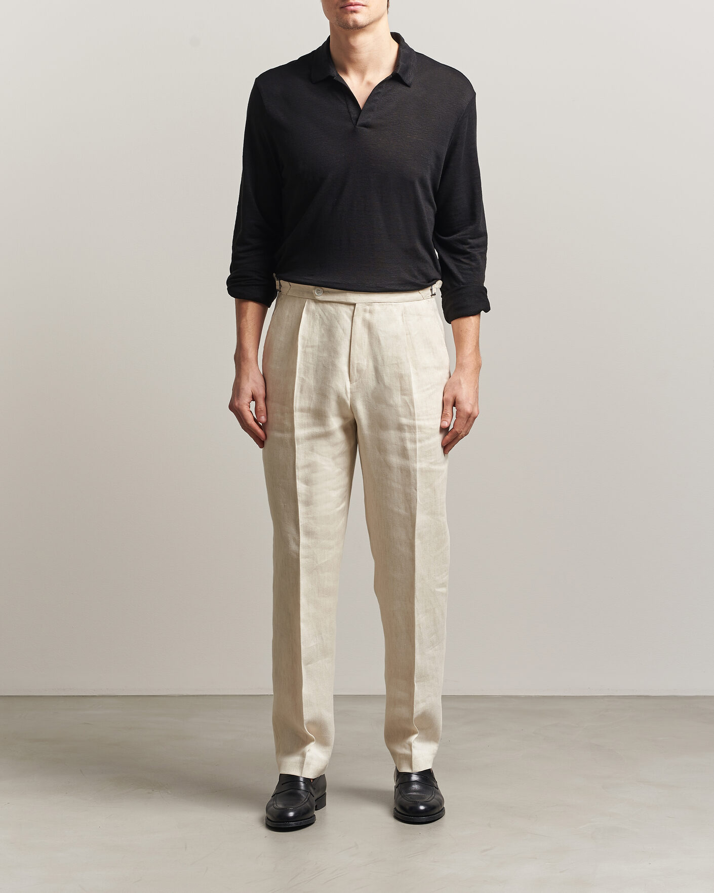 Homme | Polos | Gran Sasso | Washed Linen Long Sleeve Polo Black