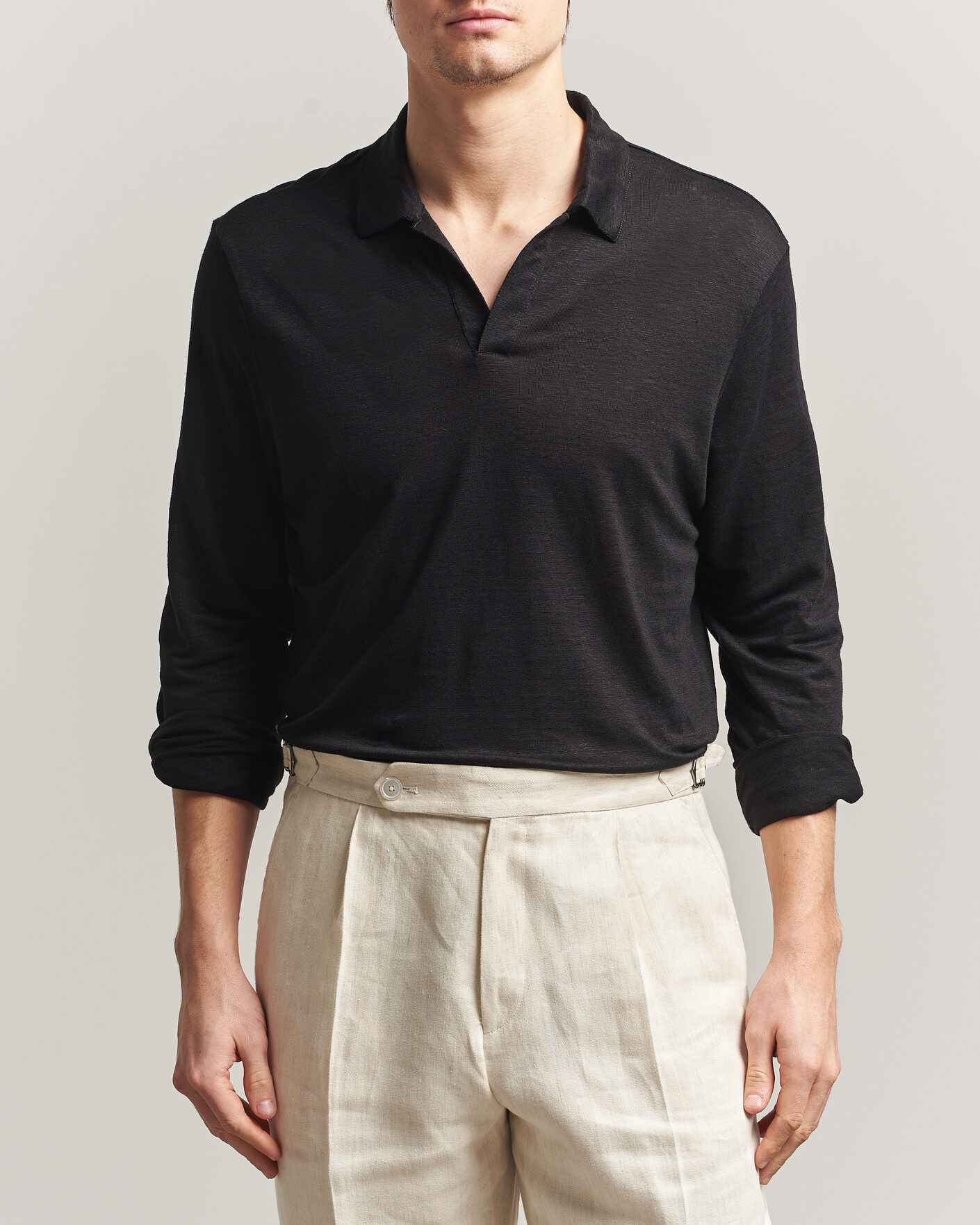 Homme | Polos | Gran Sasso | Washed Linen Long Sleeve Polo Black