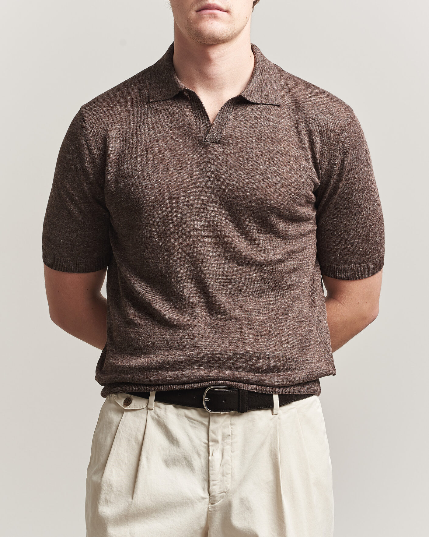 Homme | Polos | Gran Sasso | Washed Knitted Linen Polo Brown Melange