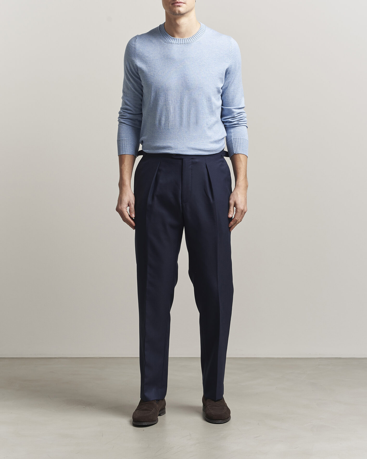 Homme | Pulls Et Tricots | Gran Sasso | Cotton/Cashmere Knitted Crew Neck Sweater Blue Melange