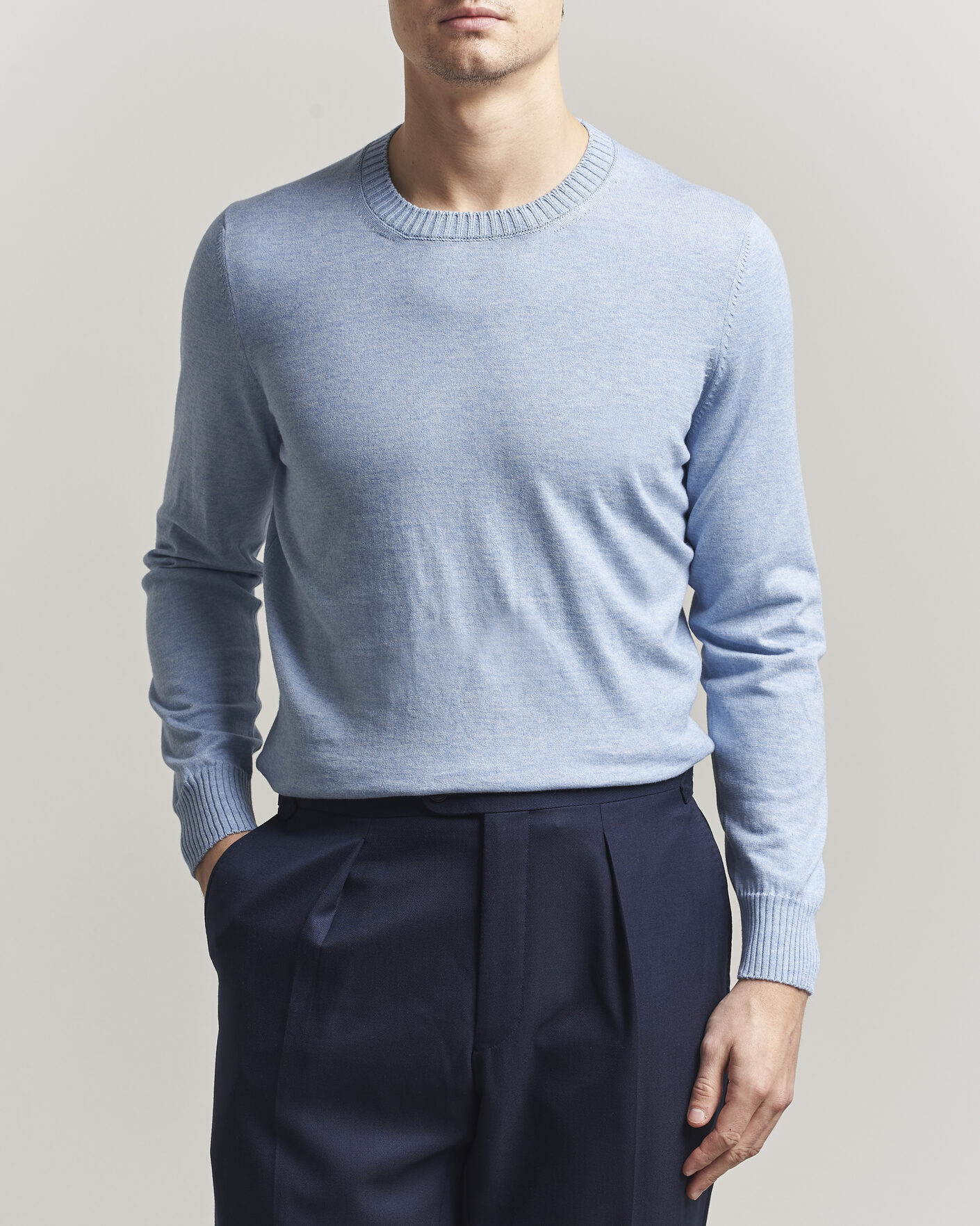 Homme | Pulls Et Tricots | Gran Sasso | Cotton/Cashmere Knitted Crew Neck Sweater Blue Melange