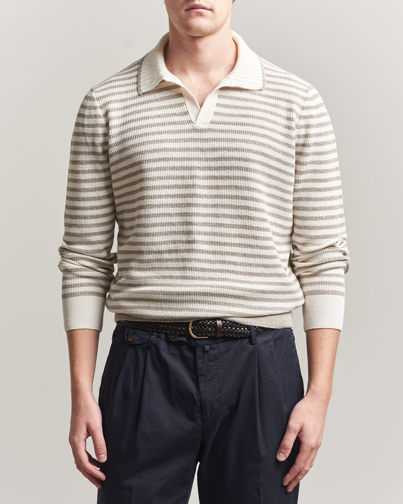Homme | Pulls Et Tricots | Gran Sasso | Linen/Cotton Knitted Striped Polo Beige/White