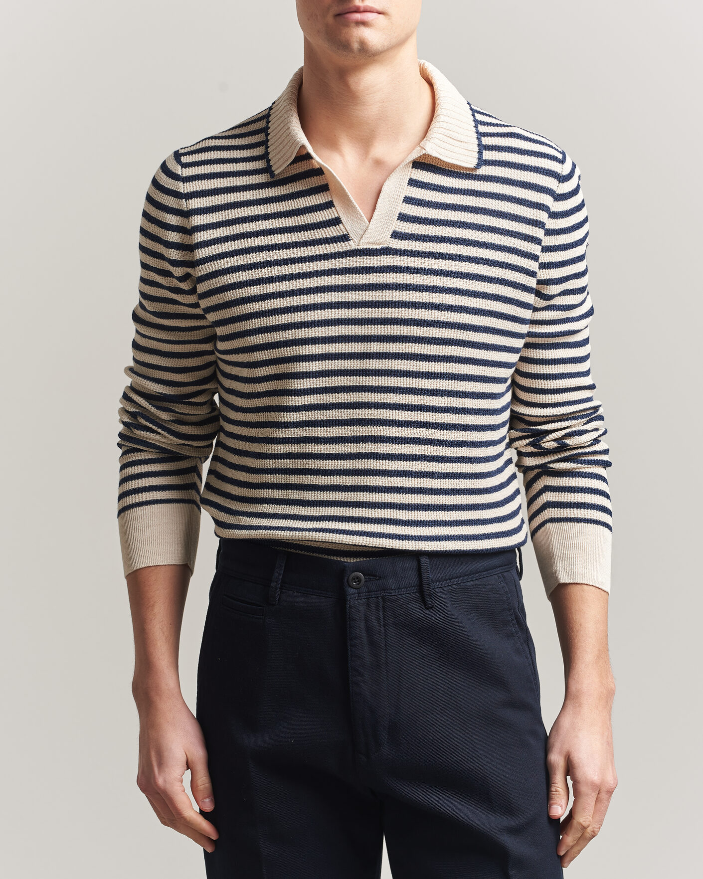Homme | Pulls Et Tricots | Gran Sasso | Linen/Cotton Knitted Striped Polo Navy/White