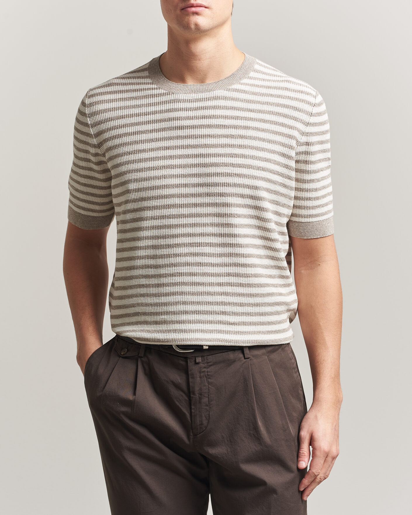 Homme | T-shirts | Gran Sasso | Linen/Cotton Knitted Striped T-Shirt Beige/White