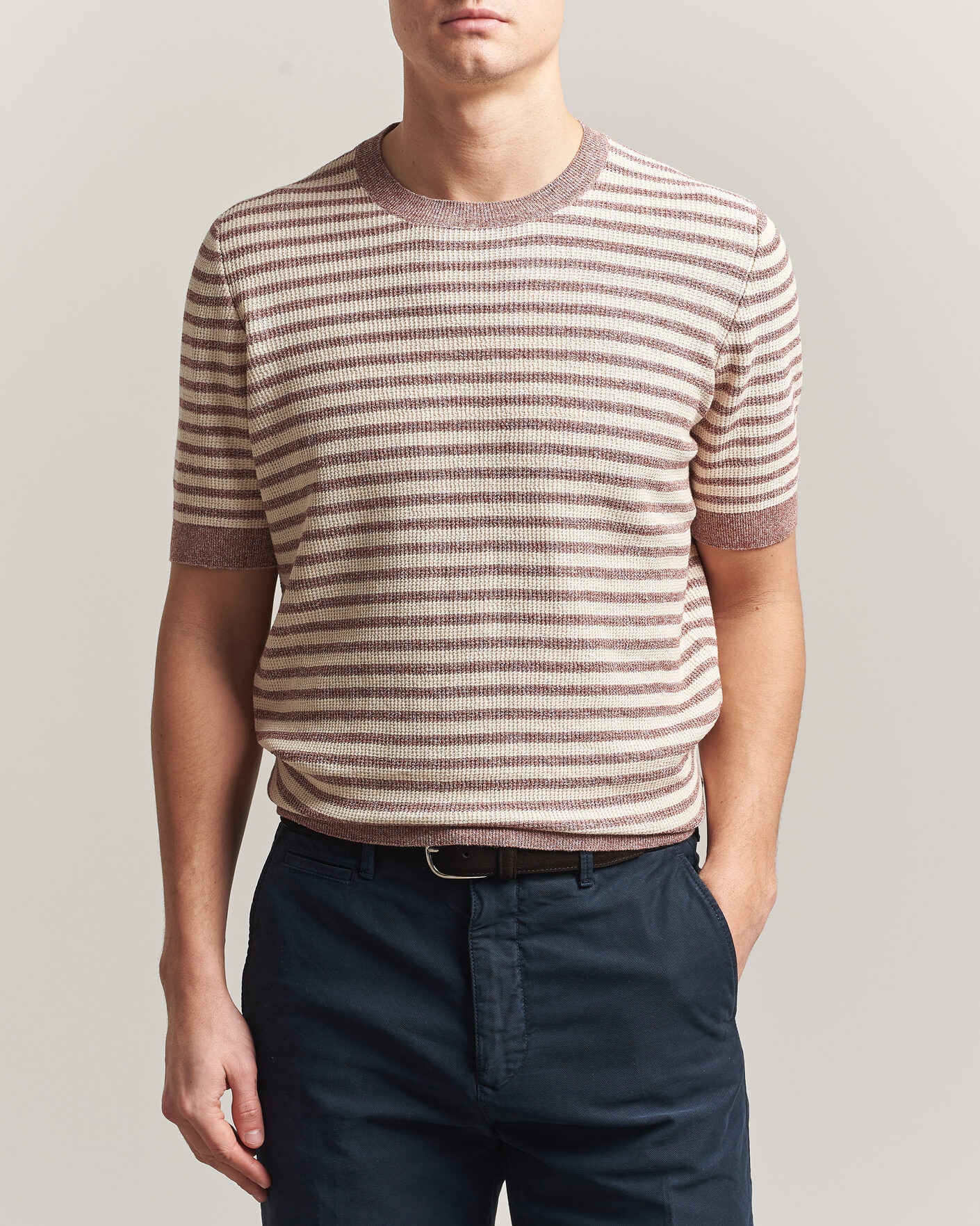 Homme | T-shirts | Gran Sasso | Linen/Cotton Knitted Striped T-Shirt Red/White
