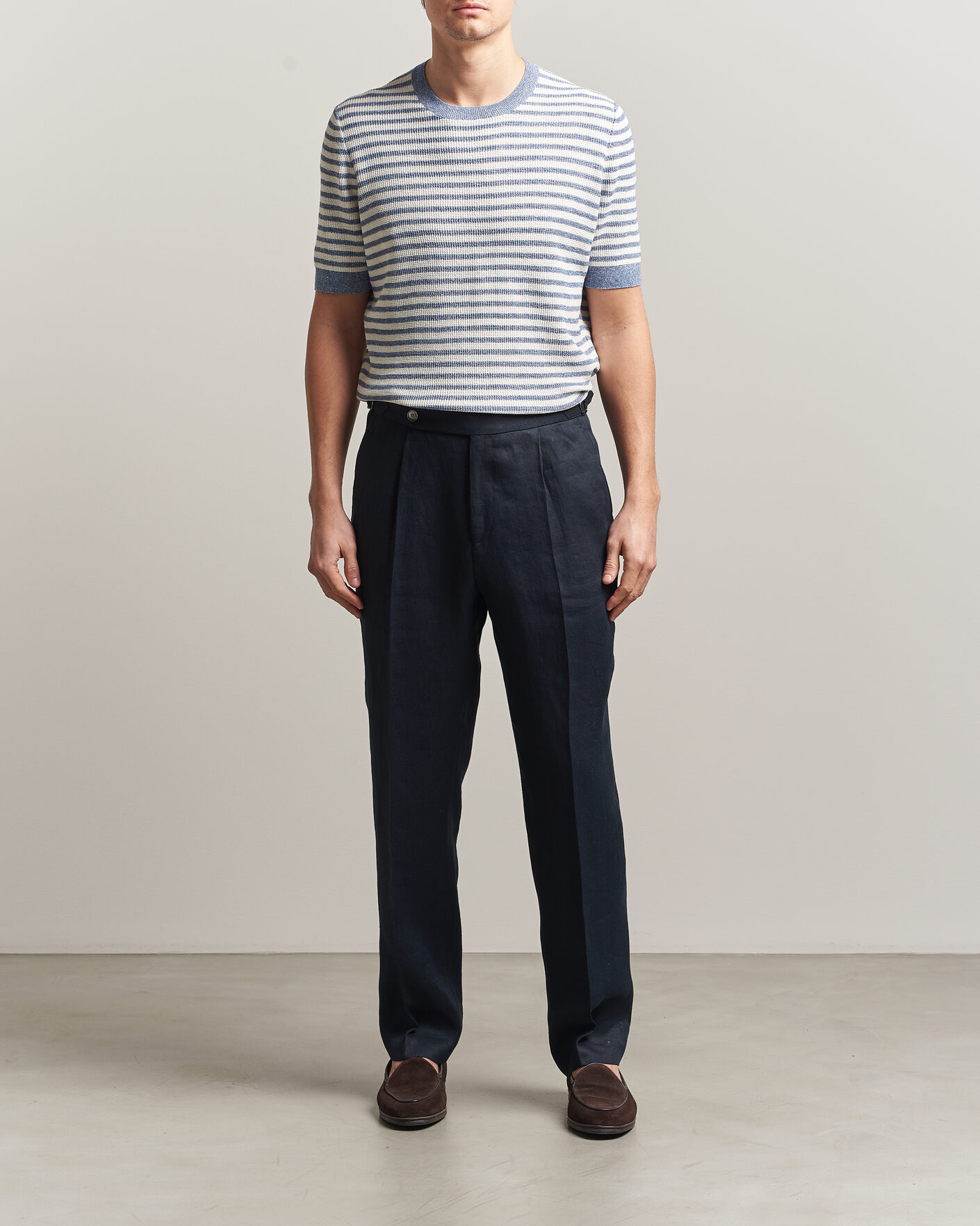 Homme | T-shirts | Gran Sasso | Linen/Cotton Knitted Striped T-Shirt Blue/White