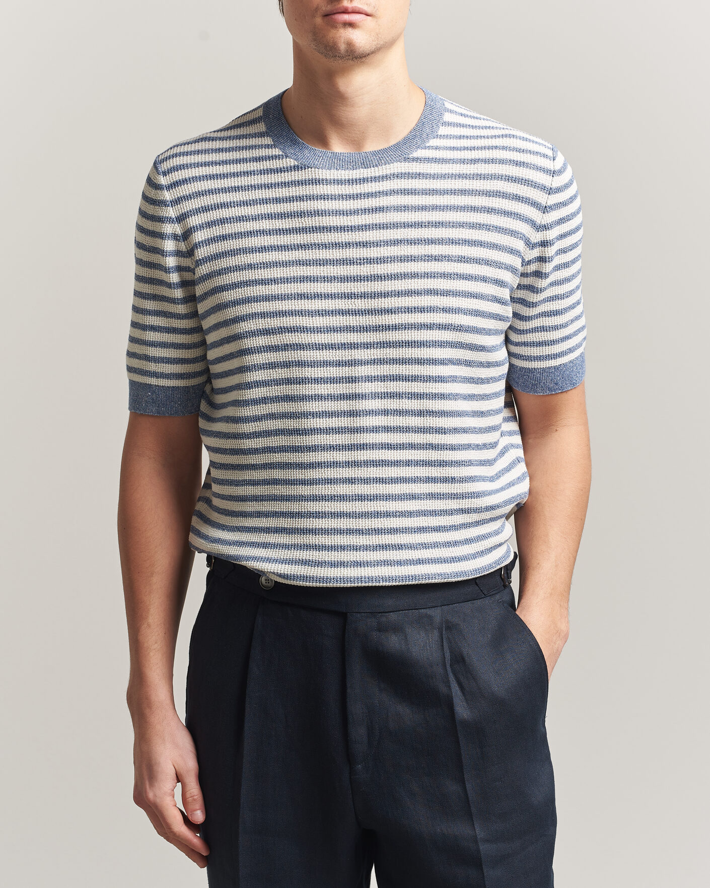 Homme | T-shirts | Gran Sasso | Linen/Cotton Knitted Striped T-Shirt Blue/White