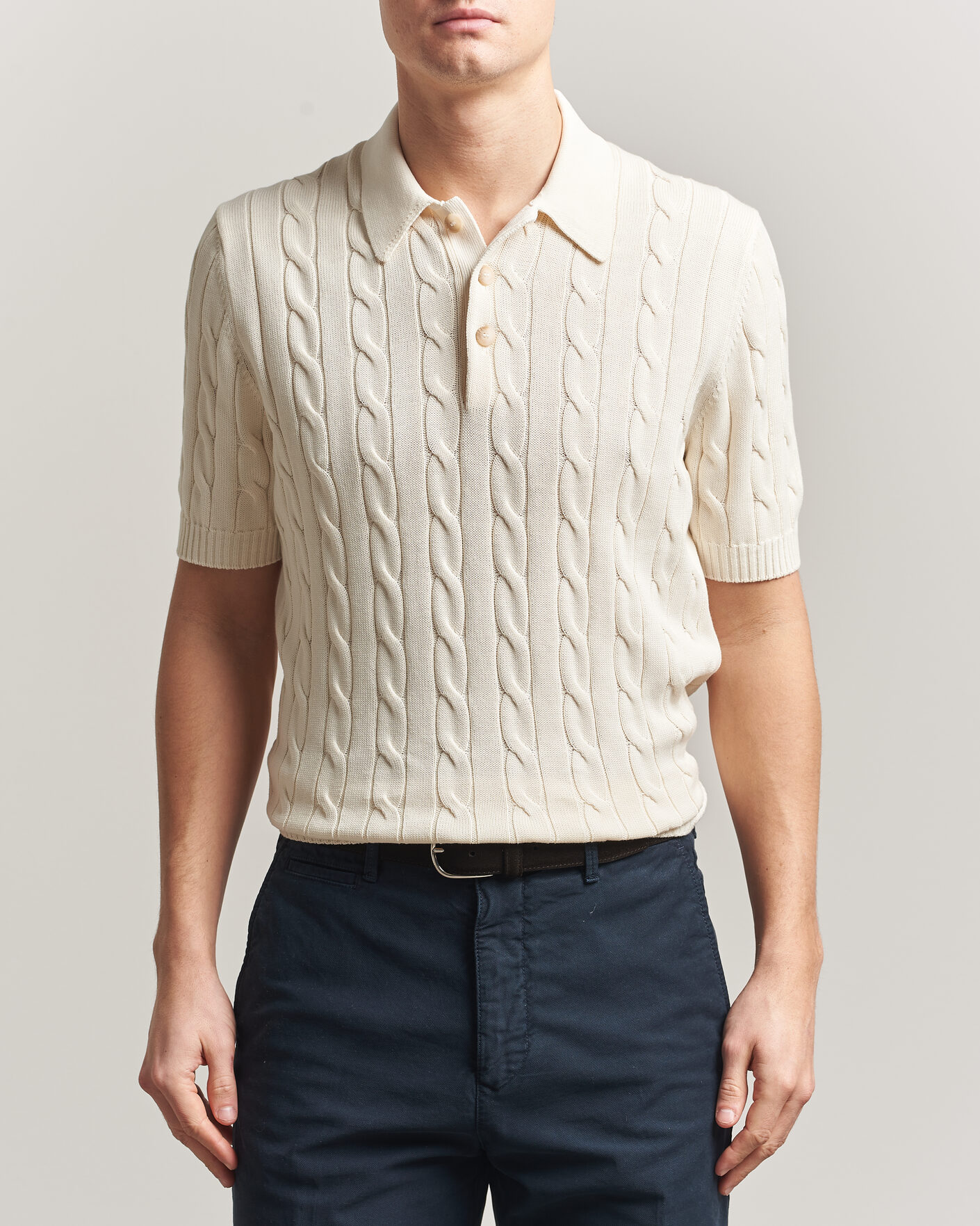 Homme | Polos | Gran Sasso | Cotton Cable Knitted Polo Cream
