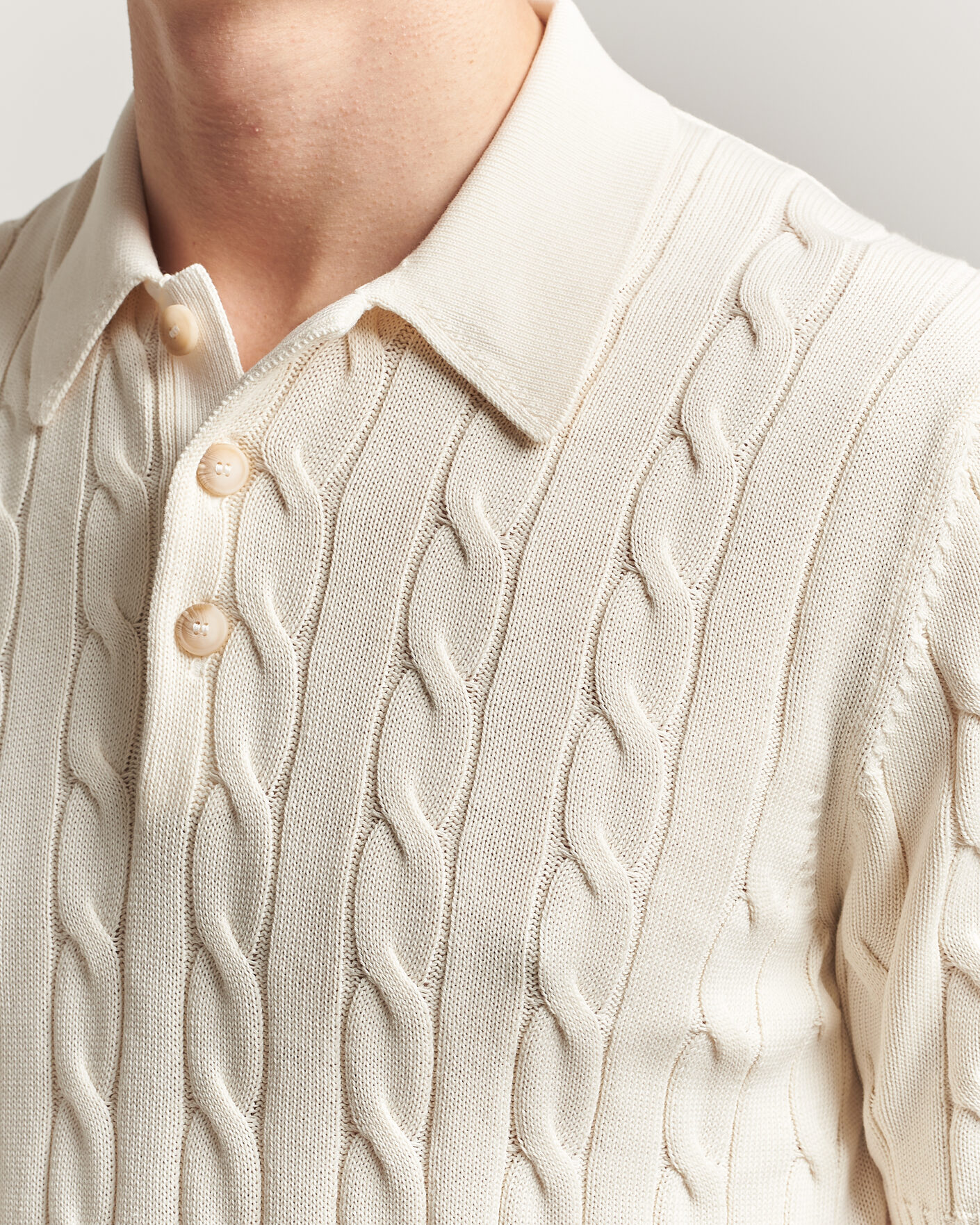 Homme | Polos | Gran Sasso | Cotton Cable Knitted Polo Cream