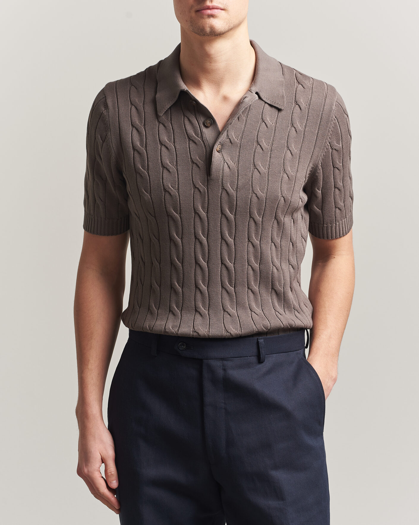 Homme | Polos | Gran Sasso | Cotton Cable Knitted Polo Brown