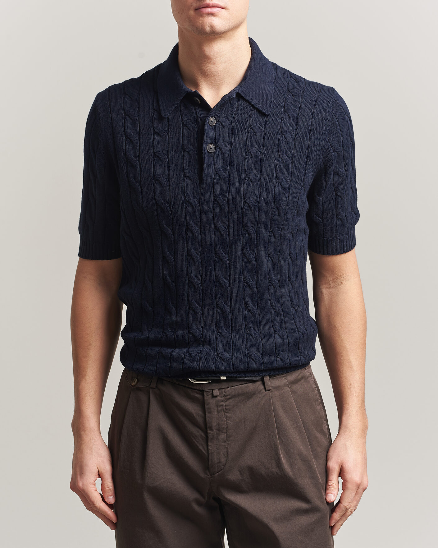 Homme | Polos | Gran Sasso | Cotton Cable Knitted Polo Navy