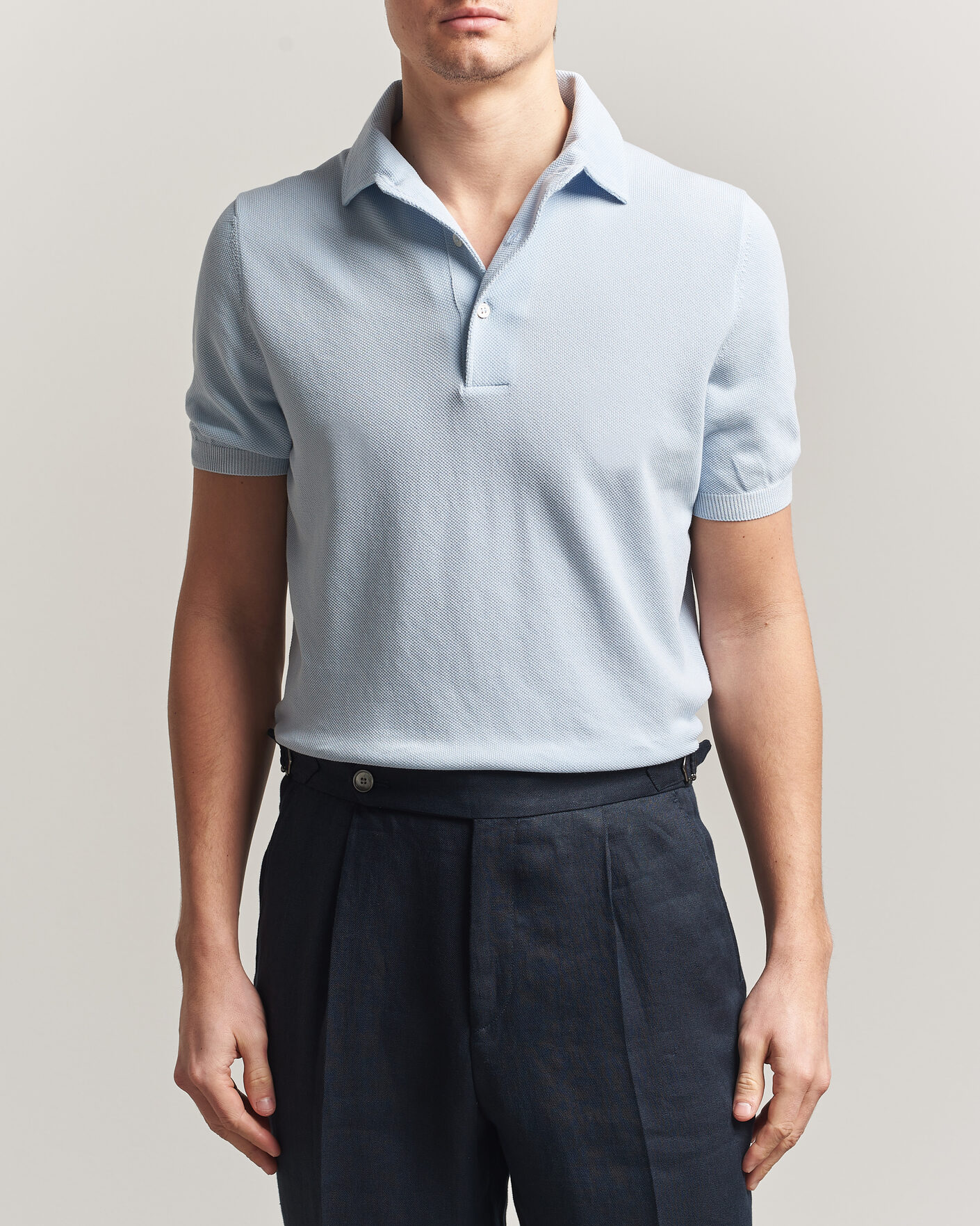 Homme | Polos | Gran Sasso | Cotton Textured Knitted Polo Light Blue