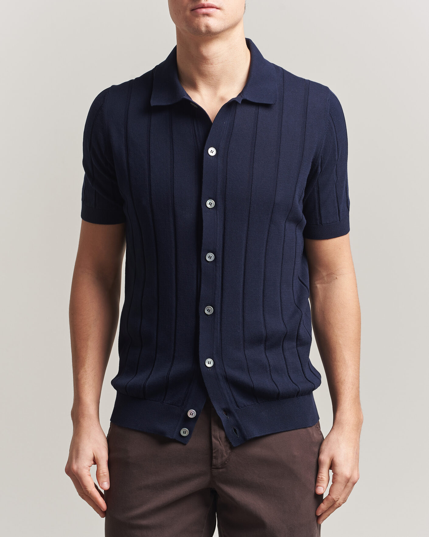 Homme | Chemises | Gran Sasso | Cotton Ribbed Knitted Resort Shirt Navy