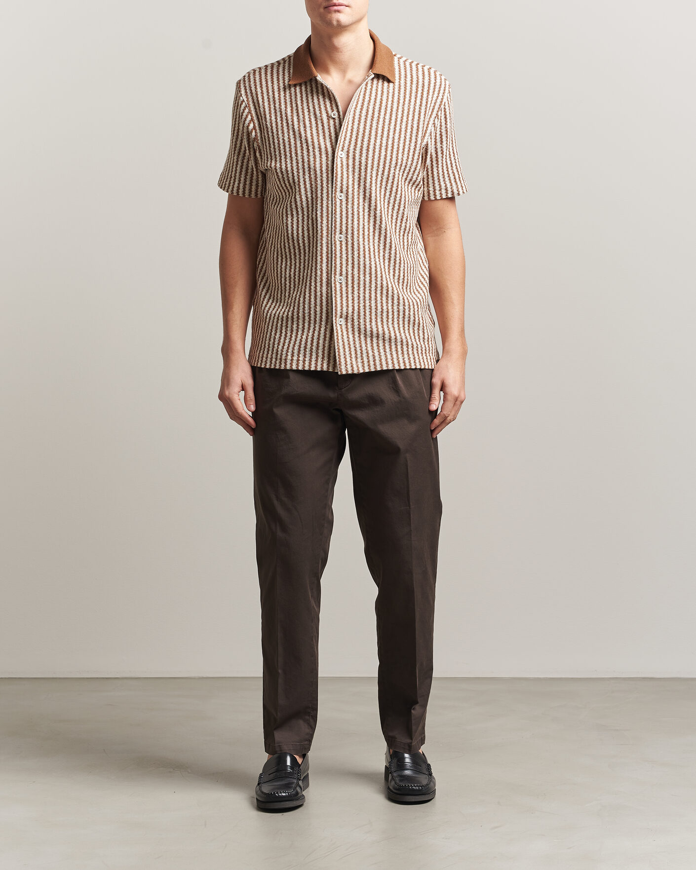 Homme | Chemises | Gran Sasso | Cotton Knitted Striped Resort Shirt Brown/White