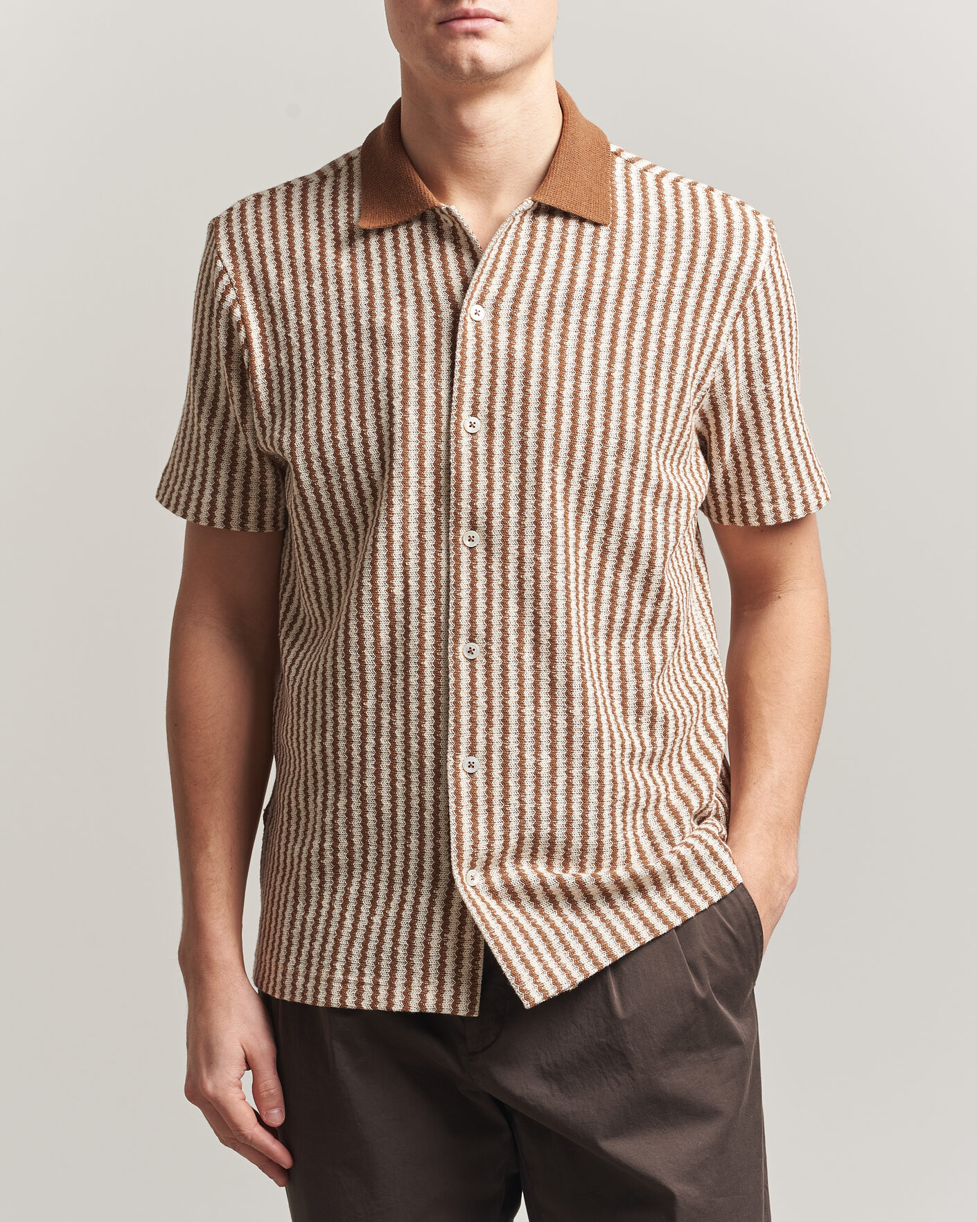 Homme | Chemises | Gran Sasso | Cotton Knitted Striped Resort Shirt Brown/White
