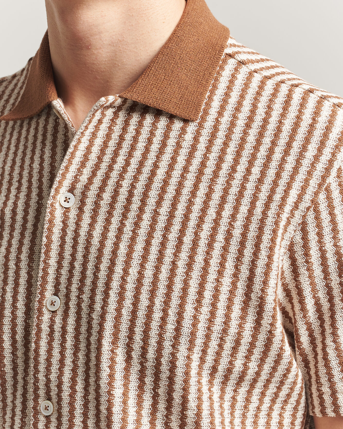 Homme | Chemises | Gran Sasso | Cotton Knitted Striped Resort Shirt Brown/White