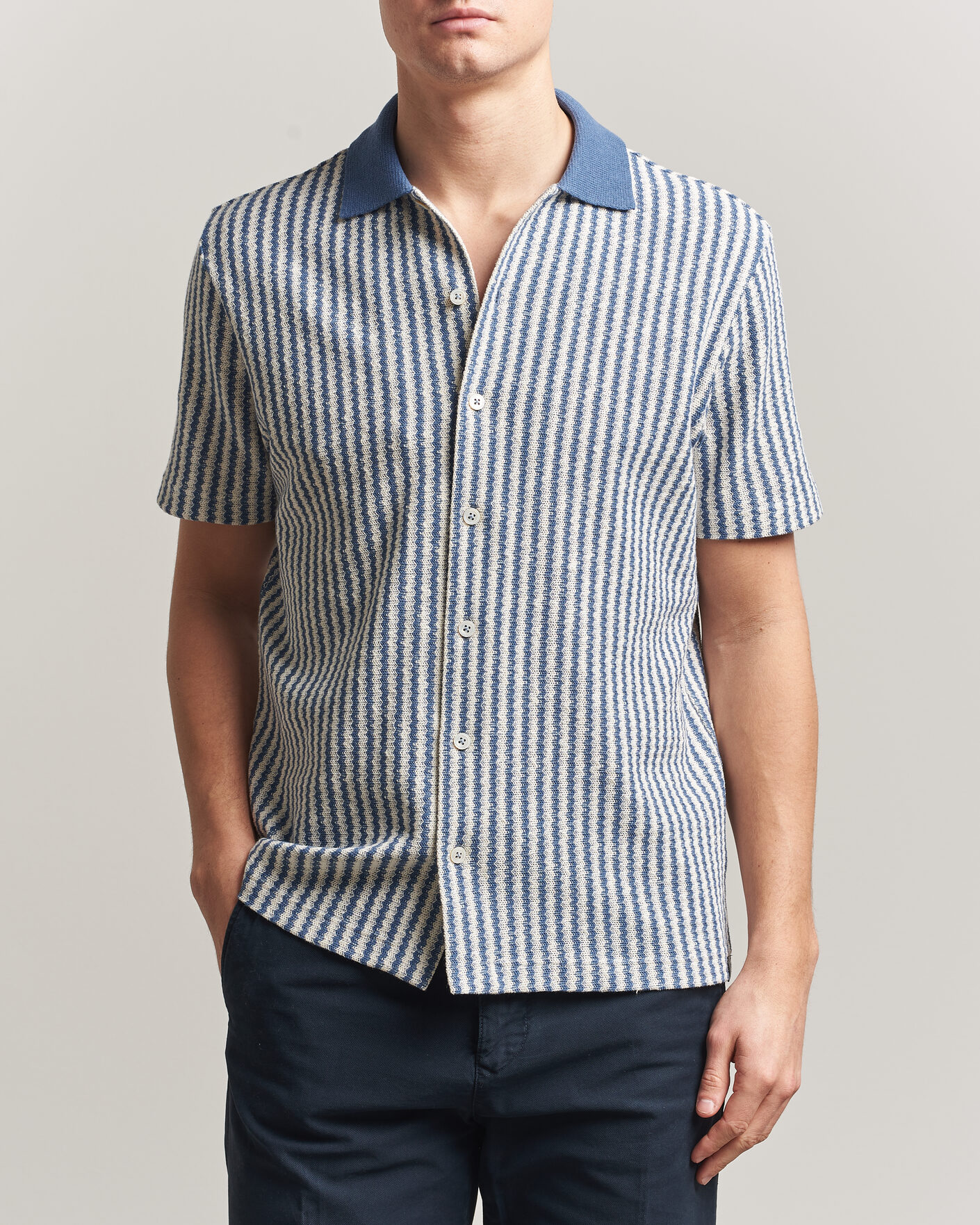 Homme | Chemises | Gran Sasso | Cotton Knitted Striped Resort Shirt Blue/white