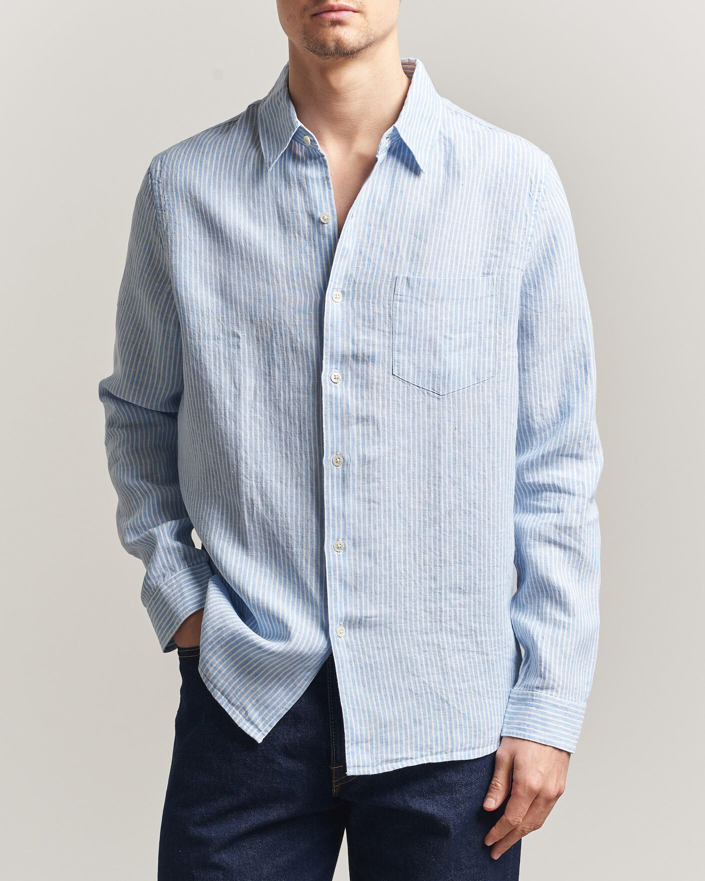 Homme | Chemises | A Day's March | Daintree Striped Linen Shirt Light Blue/White