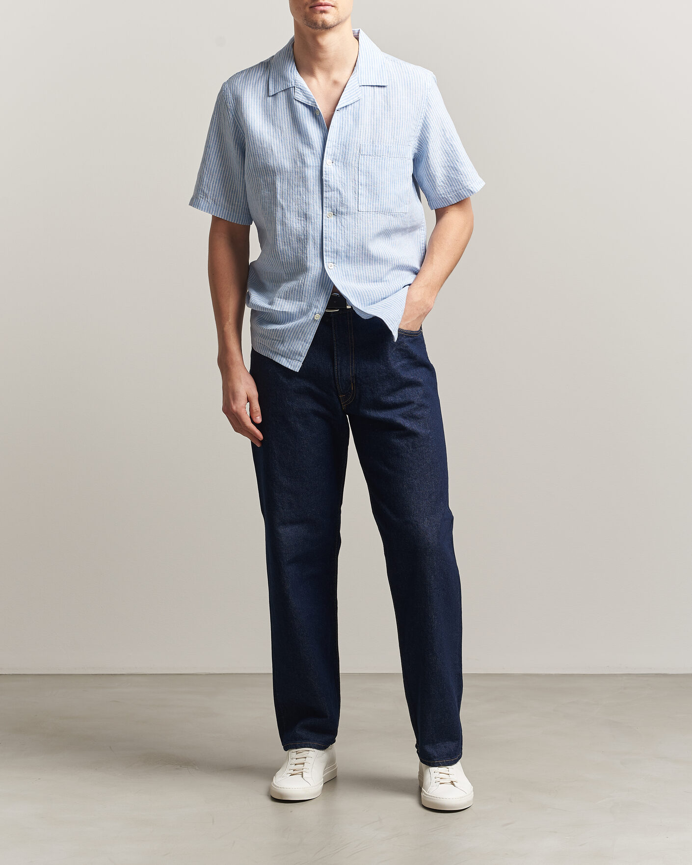 Homme | Chemises | A Day's March | Yamu Striped Linen Short Sleeve Shirt Light Blue