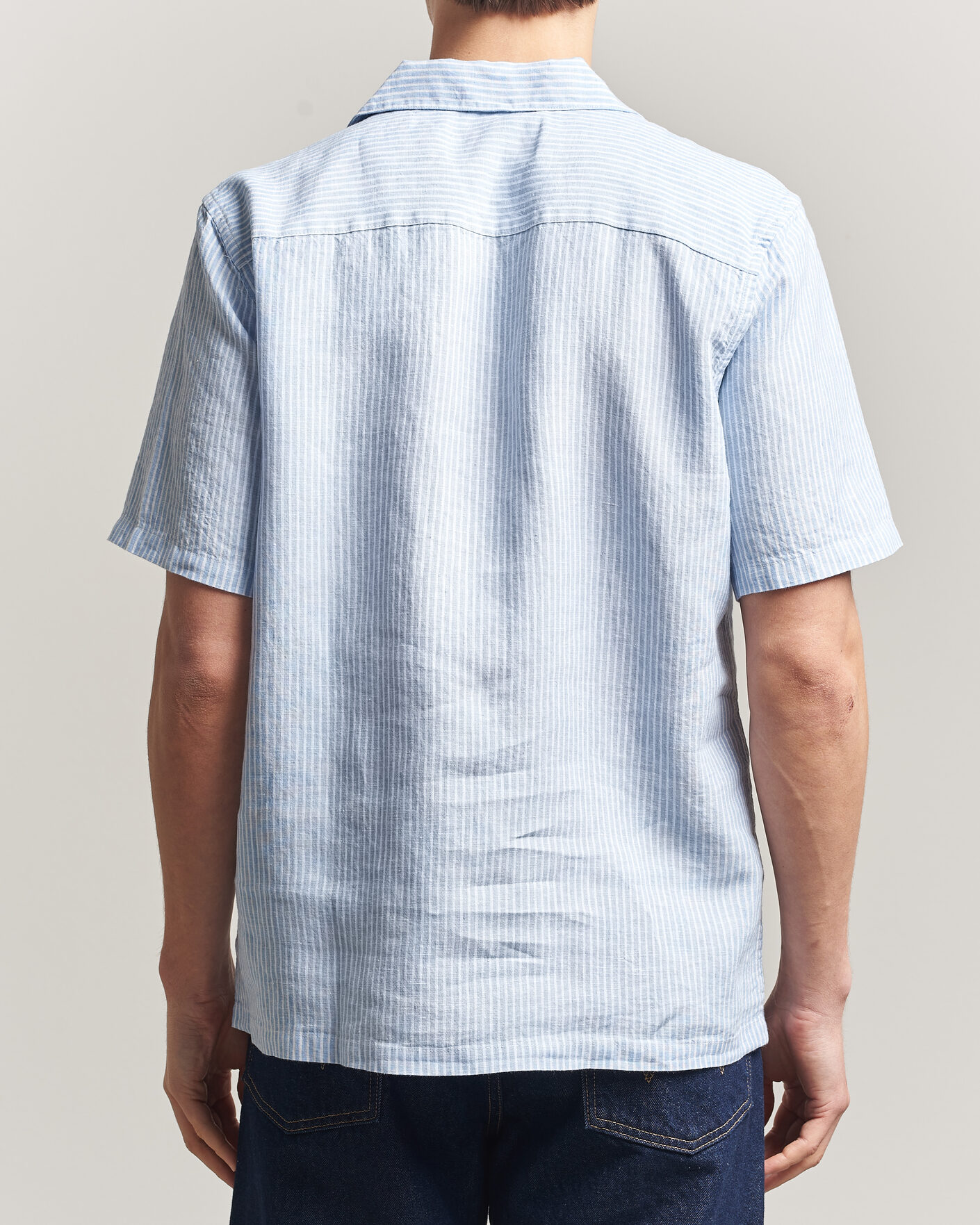Homme | Chemises | A Day's March | Yamu Striped Linen Short Sleeve Shirt Light Blue
