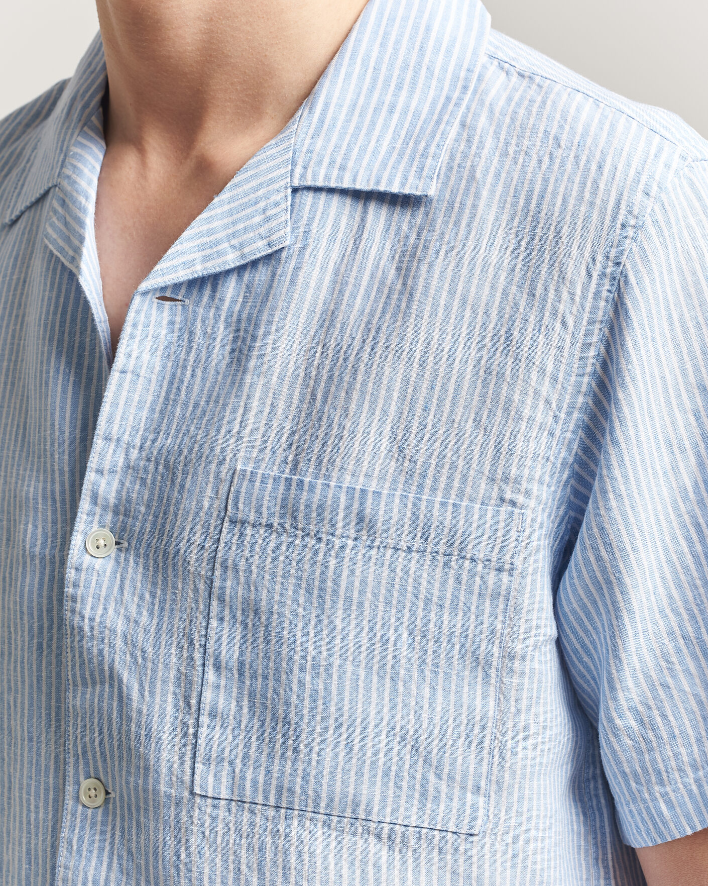 Homme | Chemises | A Day's March | Yamu Striped Linen Short Sleeve Shirt Light Blue