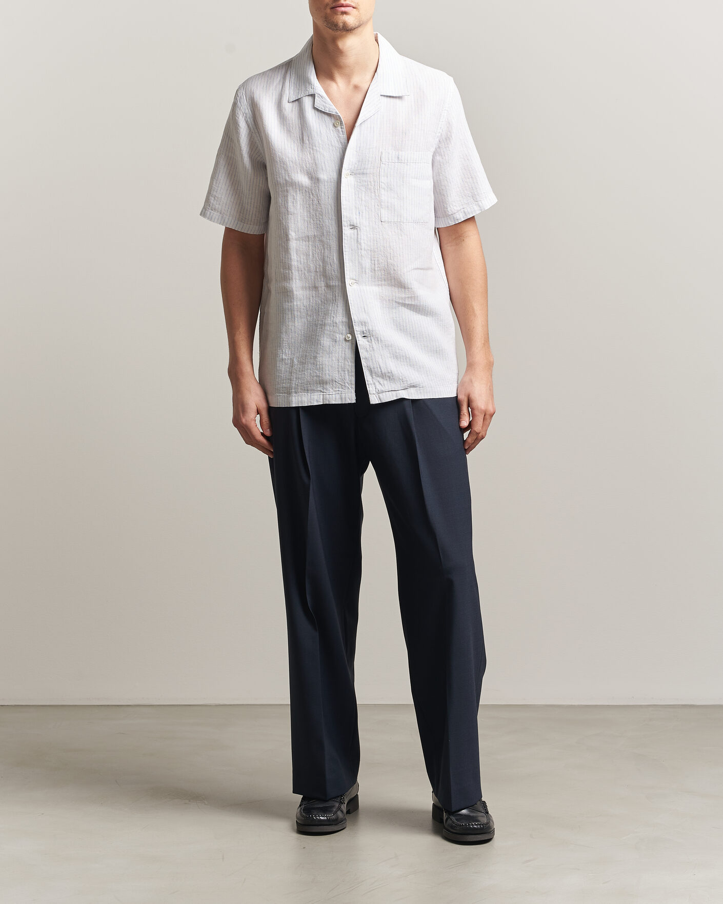 Homme | Chemises | A Day's March | Yamu Striped Linen Short Sleeve Shirt White