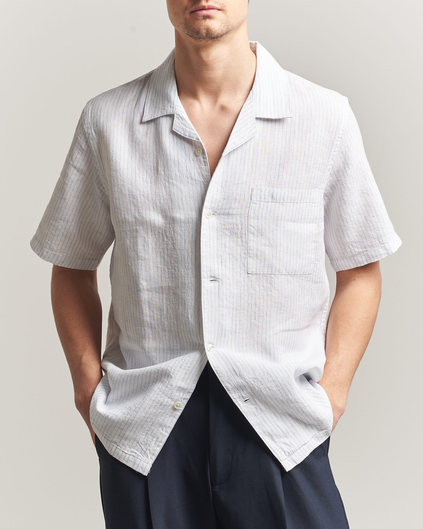 Homme | Chemises | A Day's March | Yamu Striped Linen Short Sleeve Shirt White